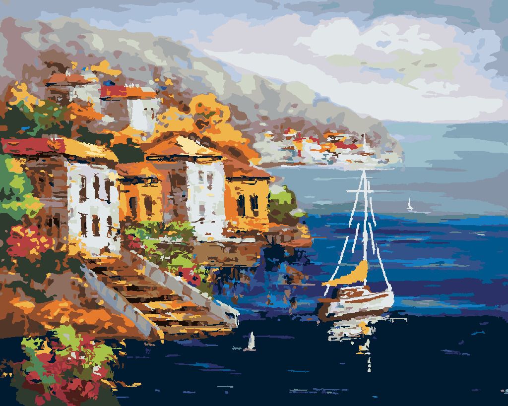 zuty Malování podle čísel - VÝHLED NA PŘÍSTAV V ŘECKU - Rozměr: 40x50 cm, Rámování: Varianta: bez rámu a bez vypnutí plátna - obrázek 7