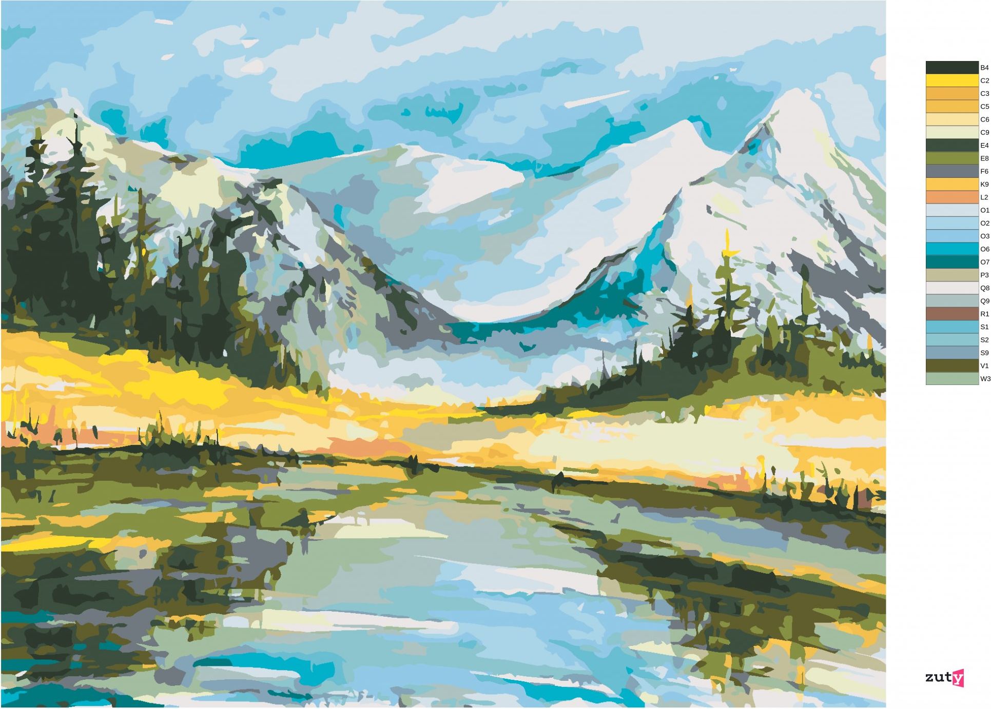 zuty Malování podle čísel - ZASNĚŽENÉ HORY S JEZEREM - Rozměr: 40x50 cm, Rámování: Varianta: bez rámu a bez vypnutí plátna - obrázek 6
