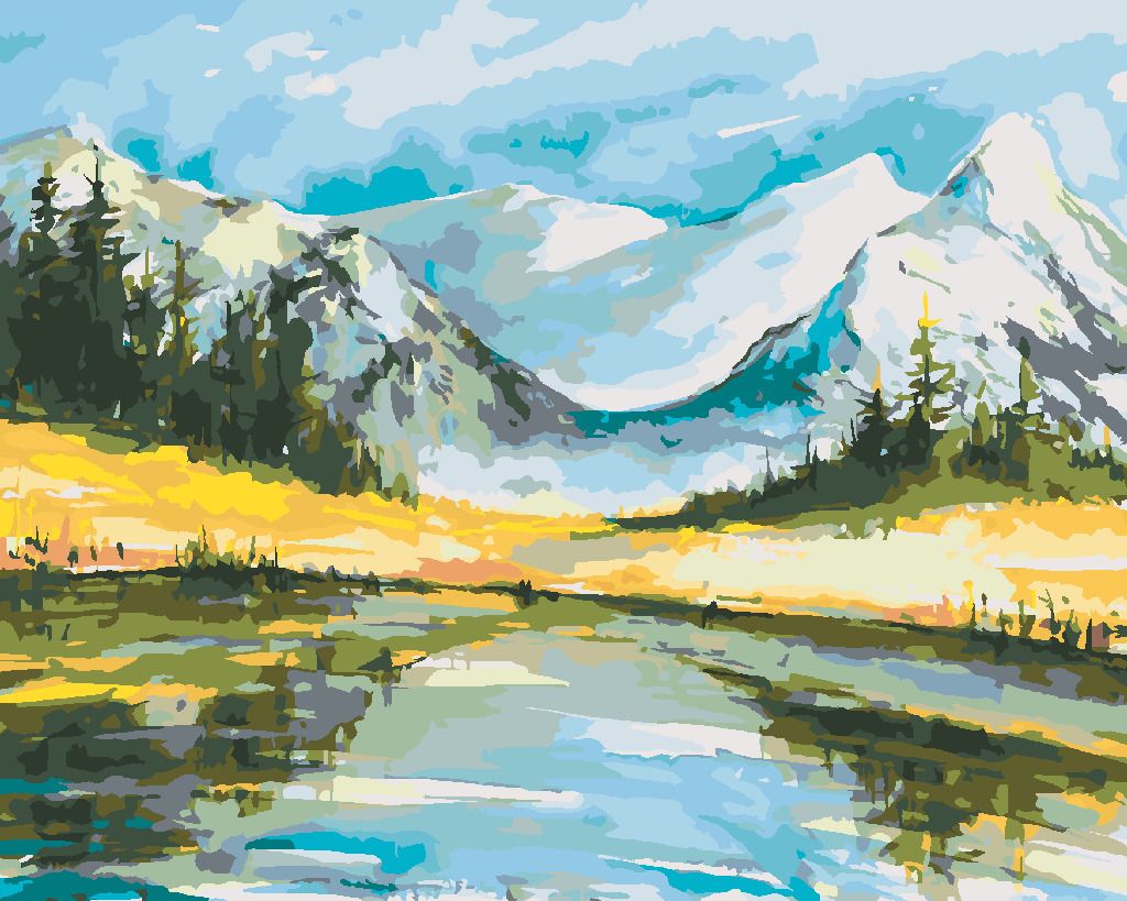 zuty Malování podle čísel - ZASNĚŽENÉ HORY S JEZEREM - Rozměr: 40x50 cm, Rámování: Varianta: bez rámu a bez vypnutí plátna - obrázek 9