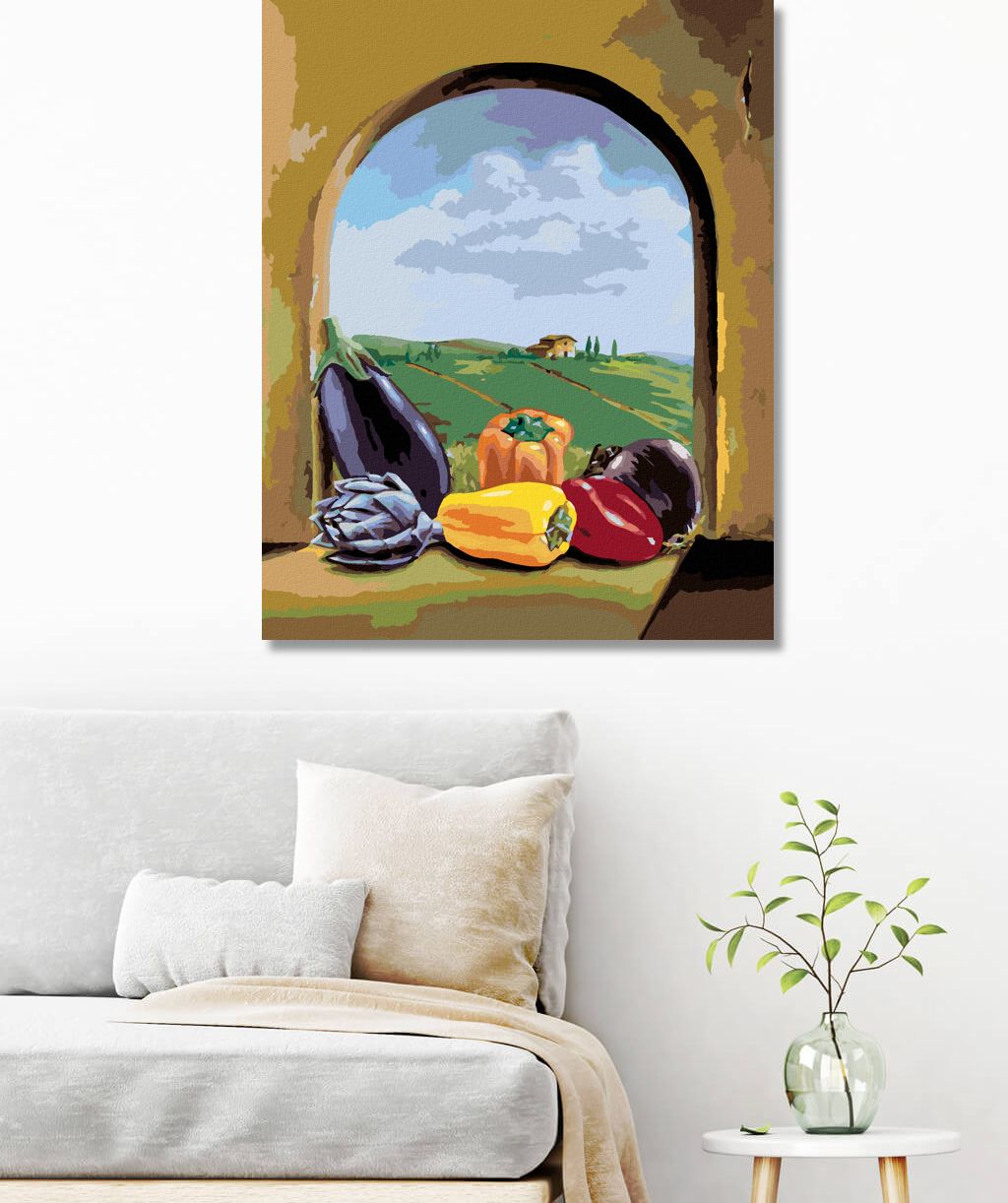 zuty Malování podle čísel - MIX ZELENINY NA OKNĚ S VÝHLEDEM NA KRAJINU - Rozměr: 40x50 cm, Rámování: Varianta: bez rámu a bez vypnutí plátna - obrázek 2