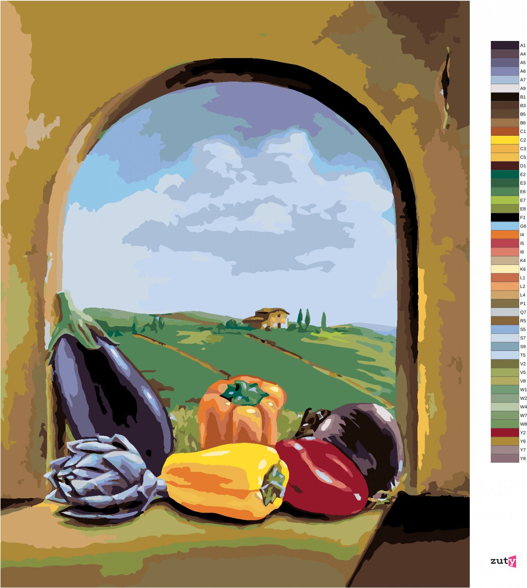 zuty Malování podle čísel - MIX ZELENINY NA OKNĚ S VÝHLEDEM NA KRAJINU - Rozměr: 40x50 cm, Rámování: Varianta: vypnuté plátno na rám - obrázek 3