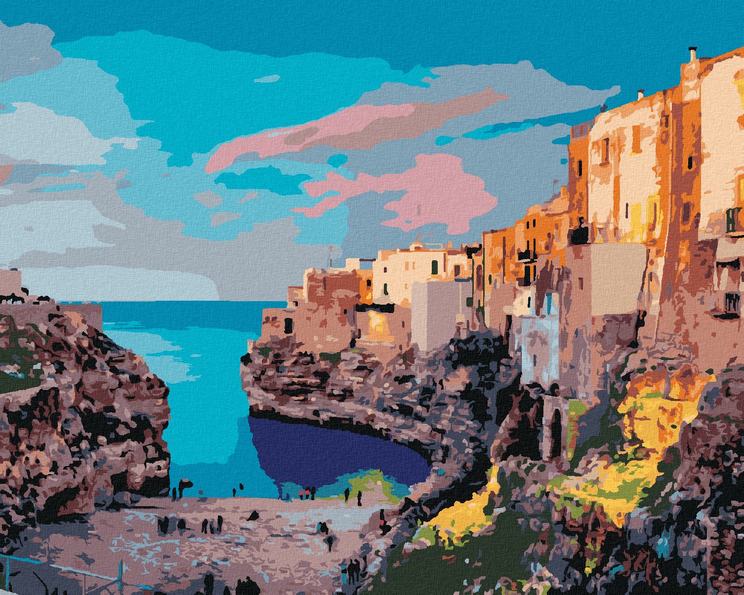 zuty Malování podle čísel - JARNÍ PANORAMA MĚSTA POLIGNANO - Rozměr: 40x50 cm, Rámování: Varianta: vypnuté plátno na rám - obrázek 1