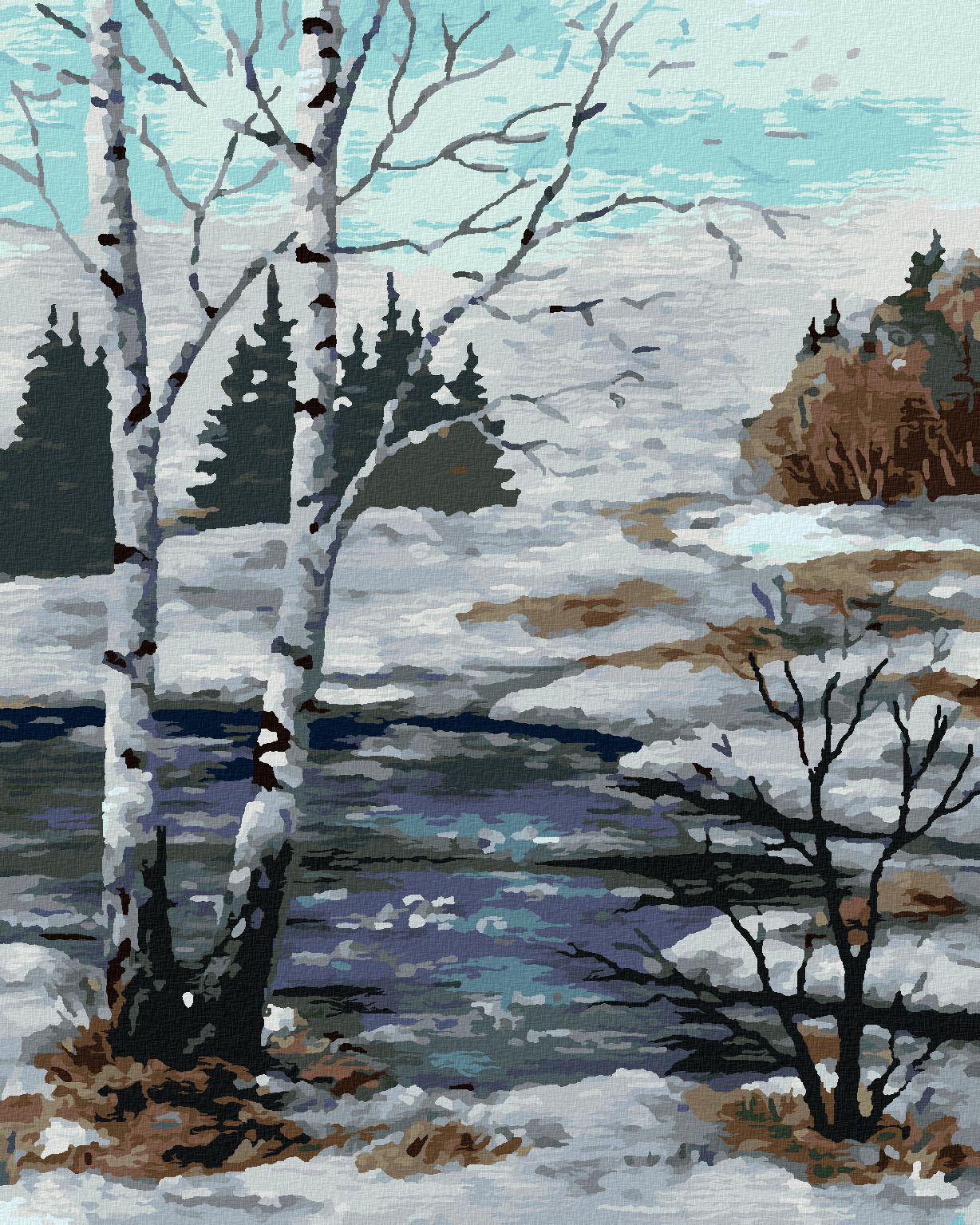 zuty Malování podle čísel - BŘÍZY V ZIMNÍ KRAJINĚ - Rozměr: 40x50 cm, Rámování: Varianta: bez rámu a bez vypnutí plátna - obrázek 1