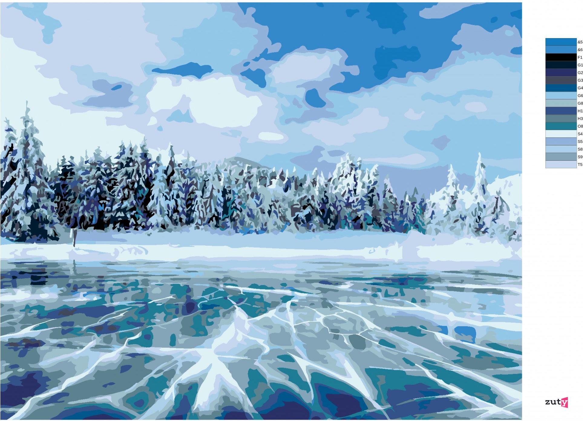 zuty Malování podle čísel - ZAMRZLÉ JEZERO V HORÁCH - Rozměr: 40x50 cm, Rámování: Varianta: vypnuté plátno na rám - obrázek 5