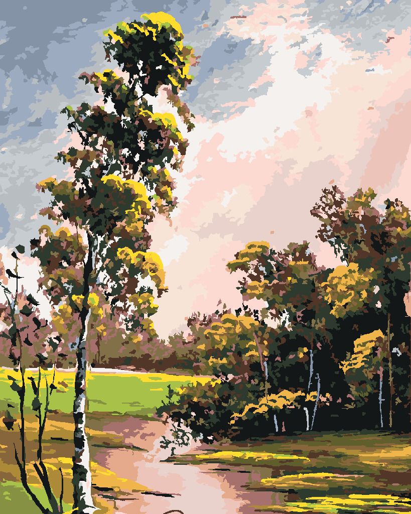 zuty Malování podle čísel - LETNÍ KRAJINA S BŘÍZOU A JEZÍRKEM - Rozměr: 40x50 cm, Rámování: Varianta: vypnuté plátno na rám - obrázek 2