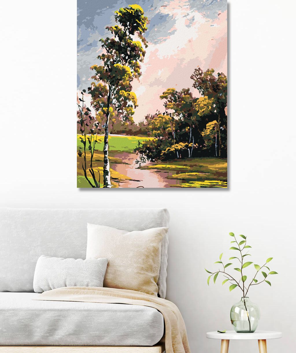 zuty Malování podle čísel - LETNÍ KRAJINA S BŘÍZOU A JEZÍRKEM - Rozměr: 40x50 cm, Rámování: Varianta: vypnuté plátno na rám - obrázek 9