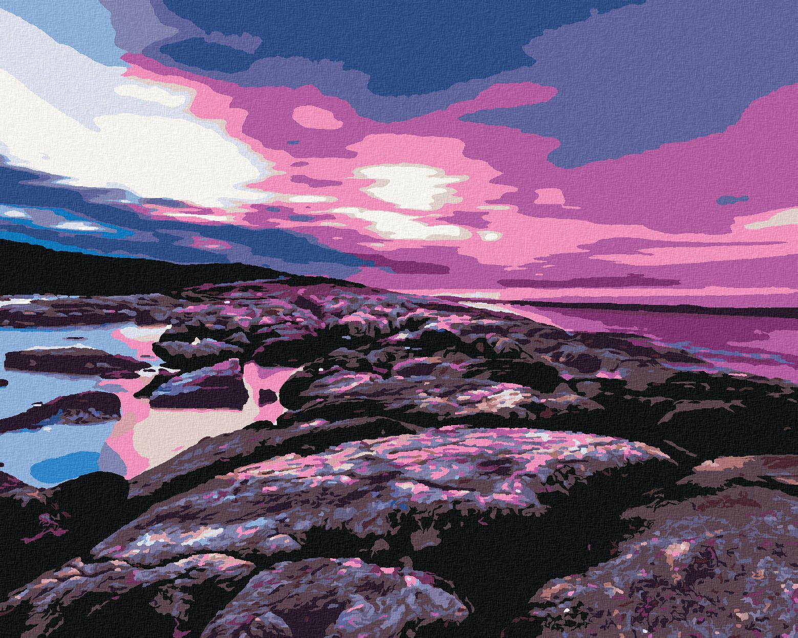 zuty Malování podle čísel - ZÁŘÍCÍ ZÁPAD SLUNCE NAD KAMENY - Rozměr: 40x50 cm, Rámování: Varianta: bez rámu a bez vypnutí plátna - obrázek 1