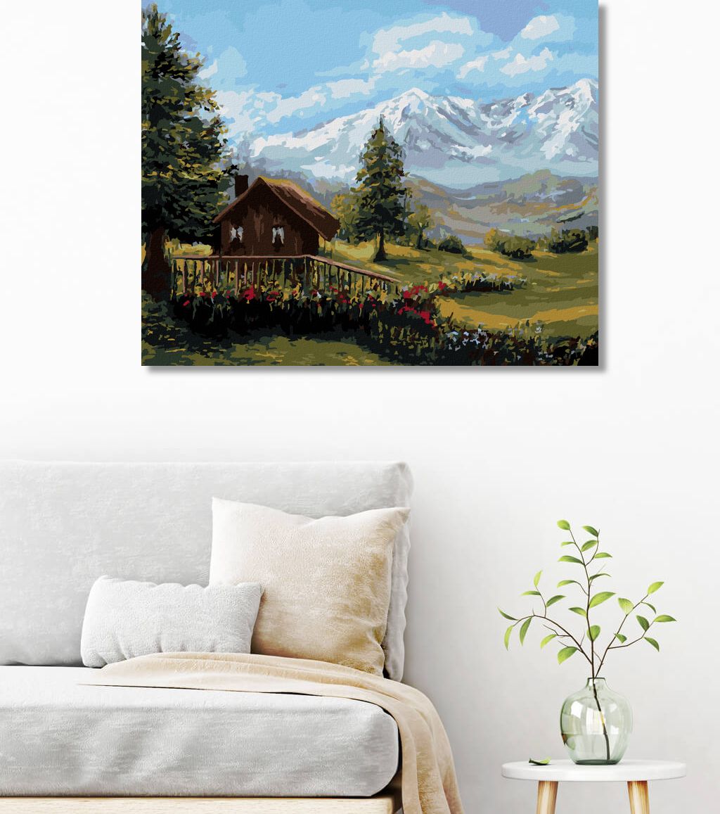 zuty Malování podle čísel - CHATA V HORSKÉ KRAJINĚ - Rozměr: 40x50 cm, Rámování: Varianta: vypnuté plátno na rám - obrázek 3