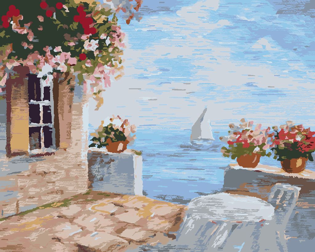 zuty Malování podle čísel - TERASA S KVĚTINAMI U MOŘE - Rozměr: 40x50 cm, Rámování: Varianta: vypnuté plátno na rám - obrázek 3