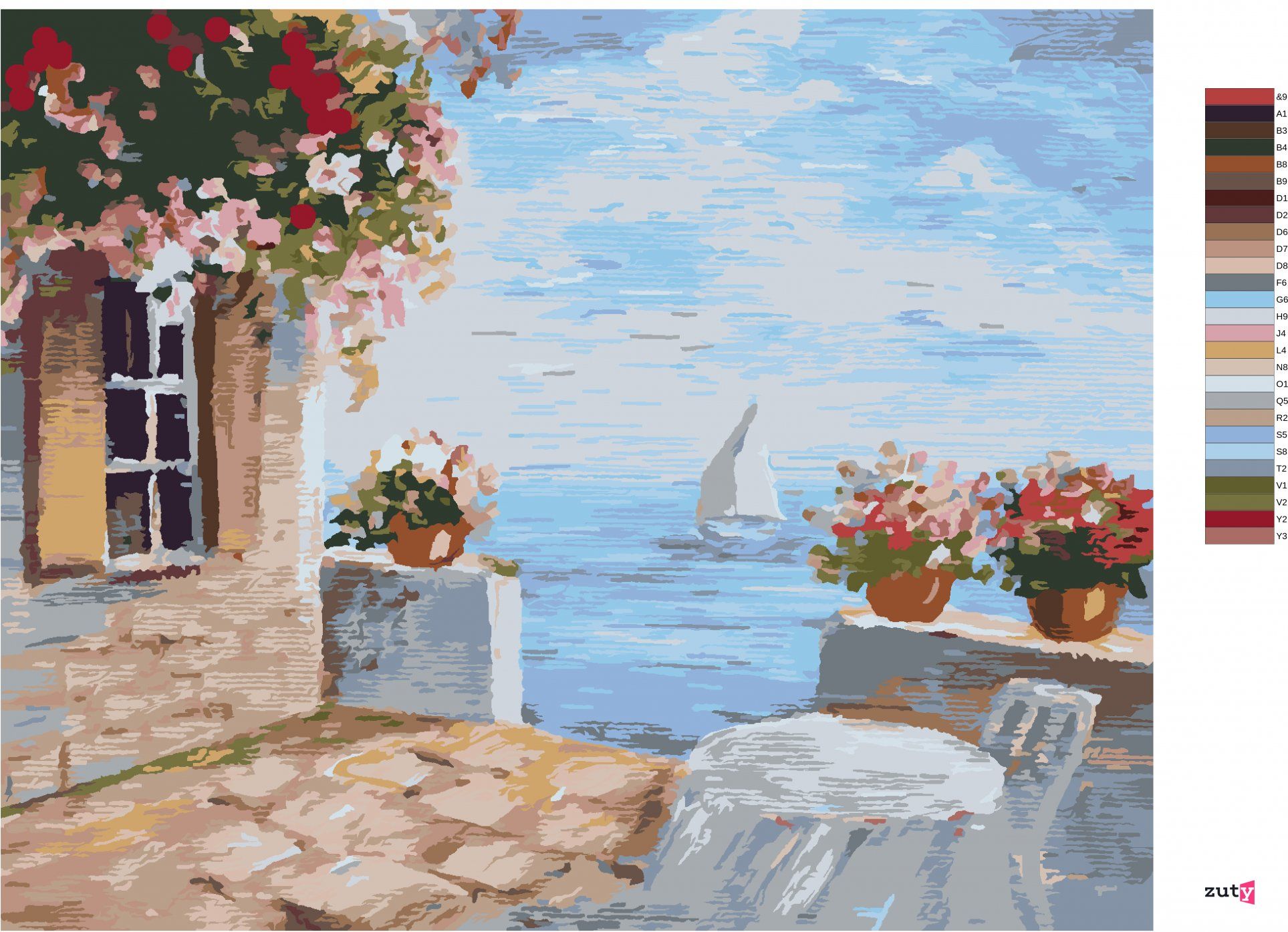 zuty Malování podle čísel - TERASA S KVĚTINAMI U MOŘE - Rozměr: 40x50 cm, Rámování: Varianta: vypnuté plátno na rám - obrázek 4