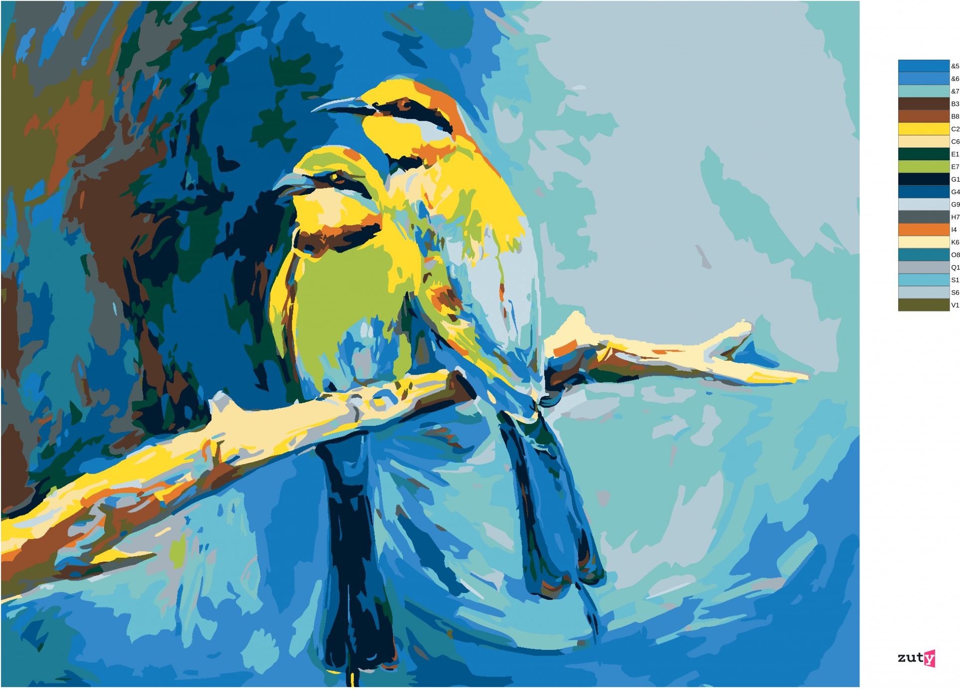 zuty Malování podle čísel - BAREVNÍ PTÁČCI NA MODRÉM POZADÍ - Rozměr: 40x50 cm, Rámování: Varianta: bez rámu a bez vypnutí plátna - obrázek 7