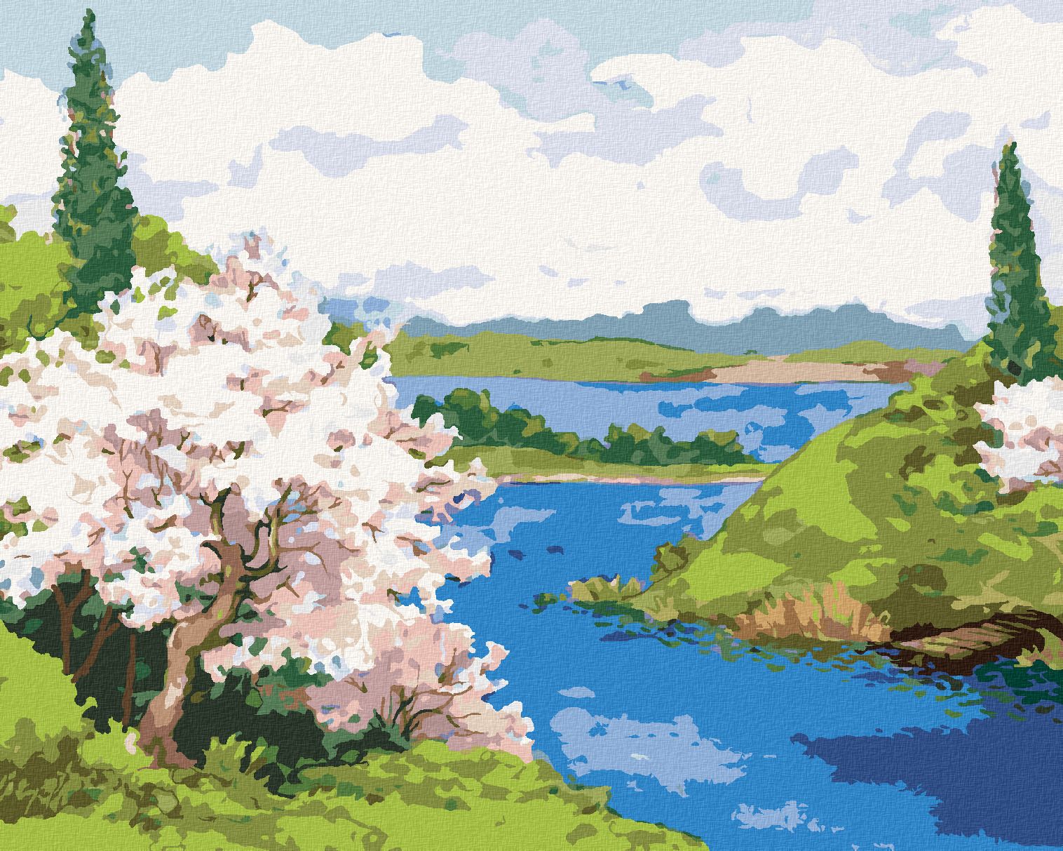zuty Malování podle čísel - KVETOUCÍ STROMY NA BŘEHU KLIKATÉ ŘEKY - Rozměr: 40x50 cm, Rámování: Varianta: bez rámu a bez vypnutí plátna - obrázek 1