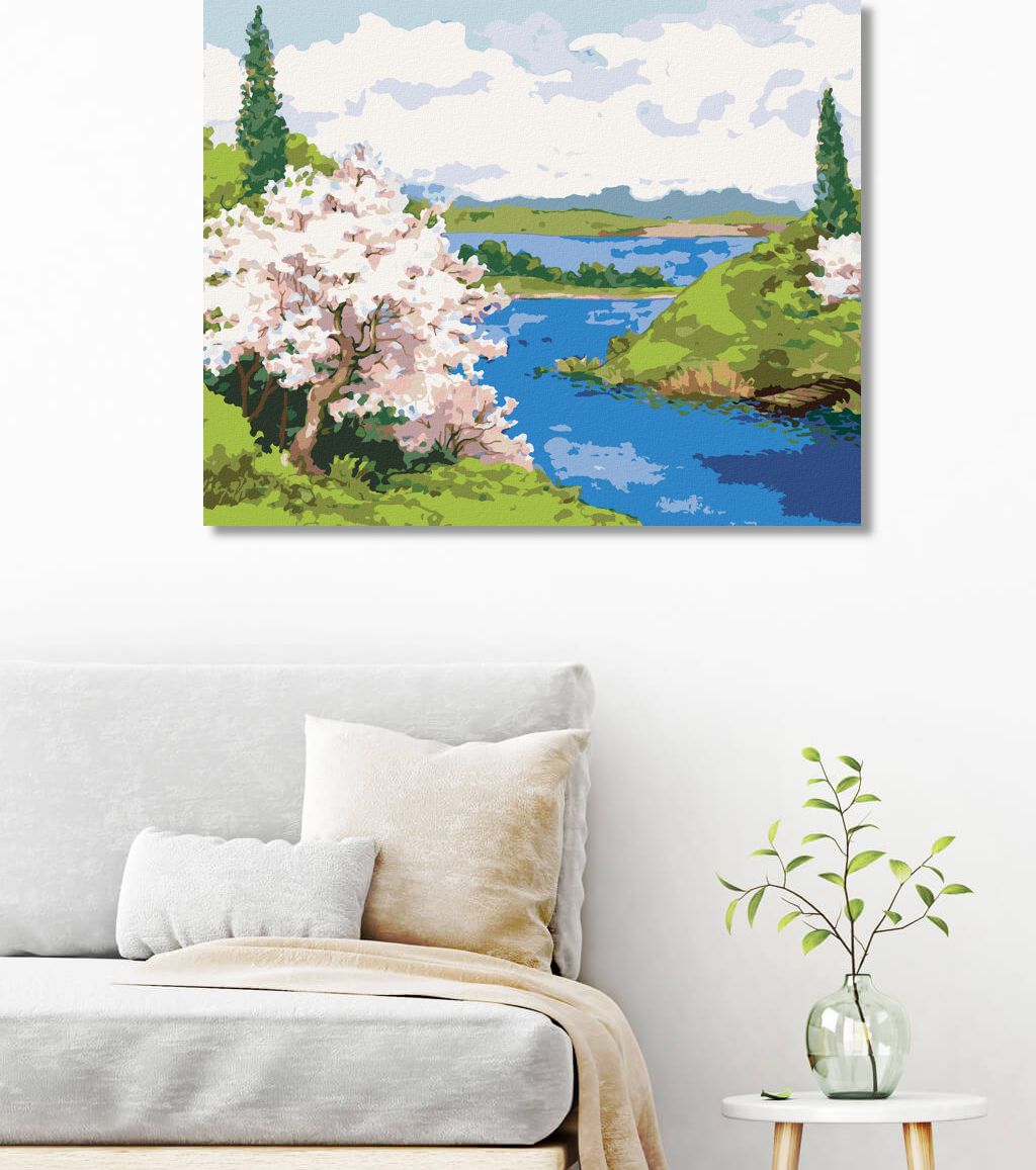 zuty Malování podle čísel - KVETOUCÍ STROMY NA BŘEHU KLIKATÉ ŘEKY - Rozměr: 40x50 cm, Rámování: Varianta: bez rámu a bez vypnutí plátna - obrázek 3