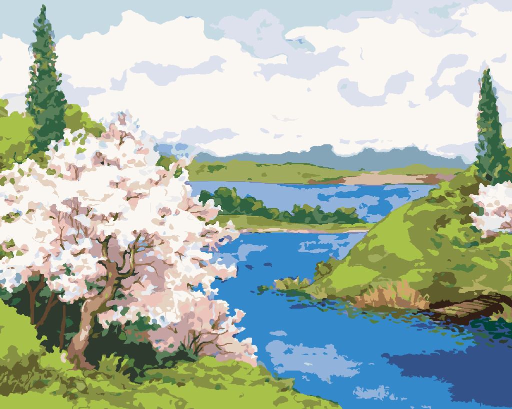 zuty Malování podle čísel - KVETOUCÍ STROMY NA BŘEHU KLIKATÉ ŘEKY - Rozměr: 40x50 cm, Rámování: Varianta: bez rámu a bez vypnutí plátna - obrázek 6