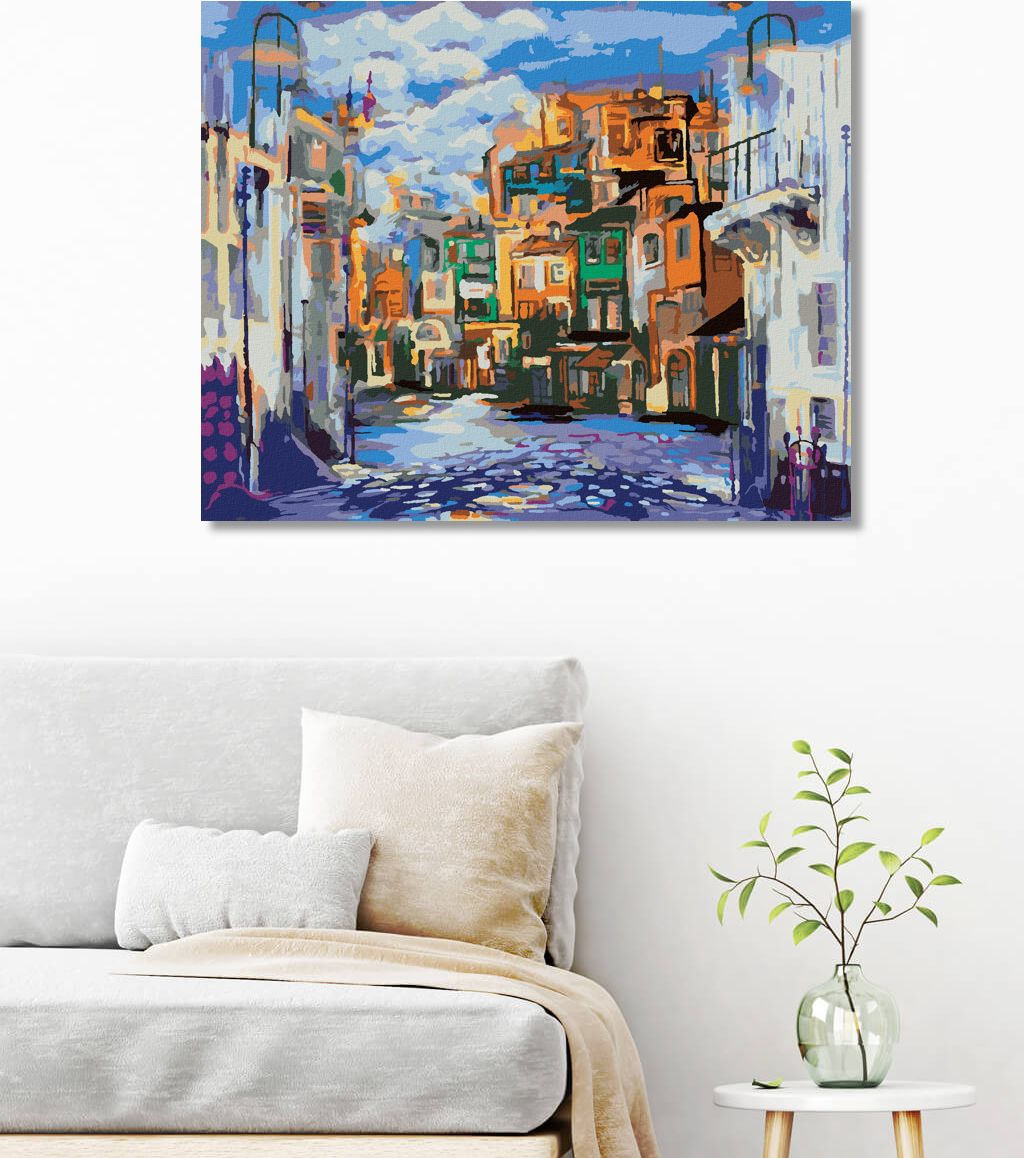 zuty Malování podle čísel - NEPŘÍZNIVÉ POČASÍ V MALÉM MĚSTEČKU - Rozměr: 40x50 cm, Rámování: Varianta: vypnuté plátno na rám - obrázek 2