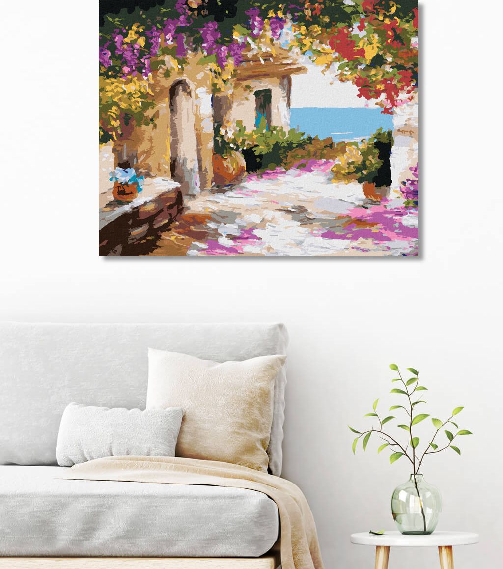 zuty Malování podle čísel - DŮM U MOŘE S KVĚTINAMI - Rozměr: 40x50 cm, Rámování: Varianta: vypnuté plátno na rám - obrázek 9