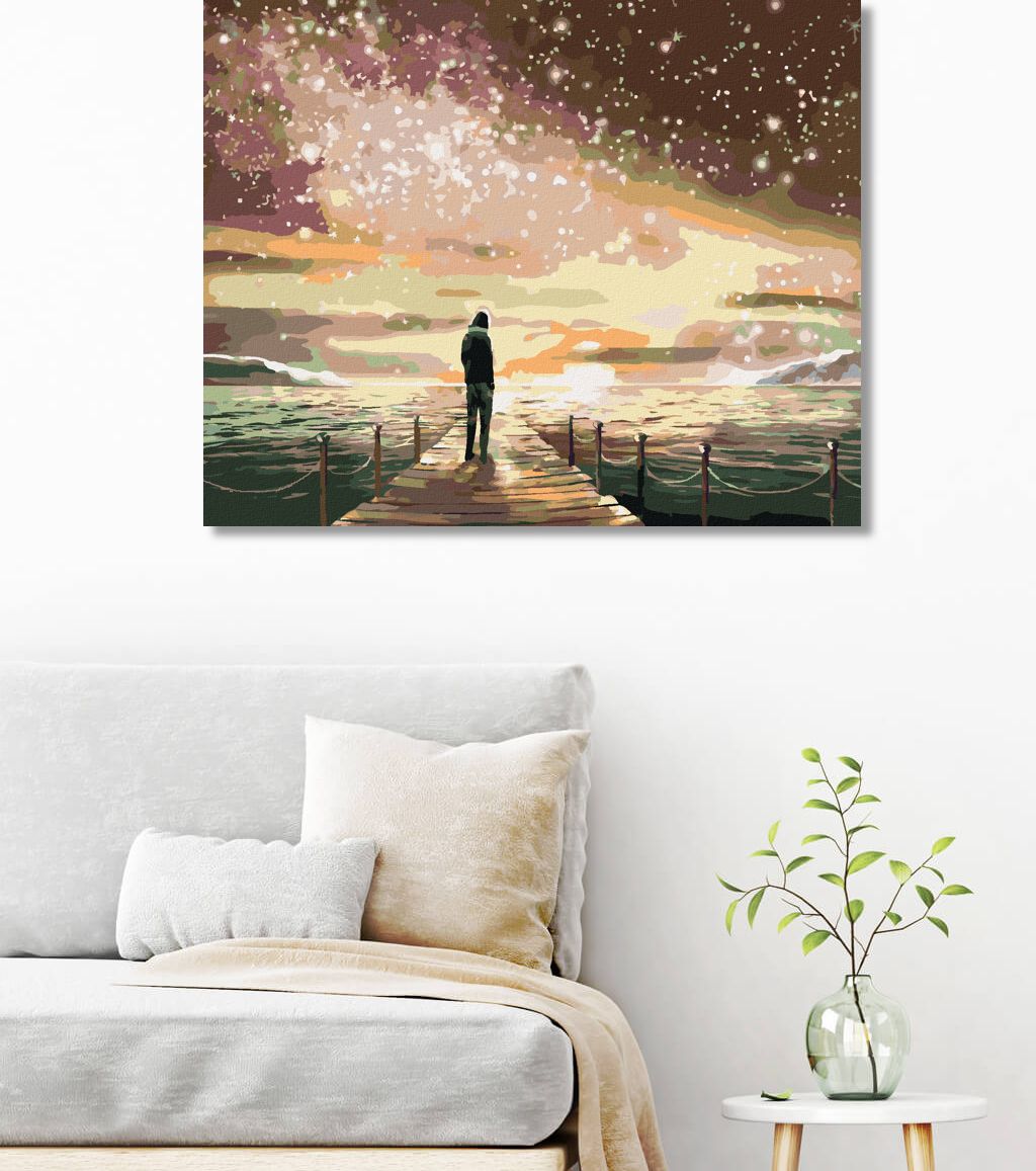 zuty Malování podle čísel - MUŽ NA MOLU POD ZÁŘÍCÍ OBLOHOU - Rozměr: 40x50 cm, Rámování: Varianta: bez rámu a bez vypnutí plátna - obrázek 2