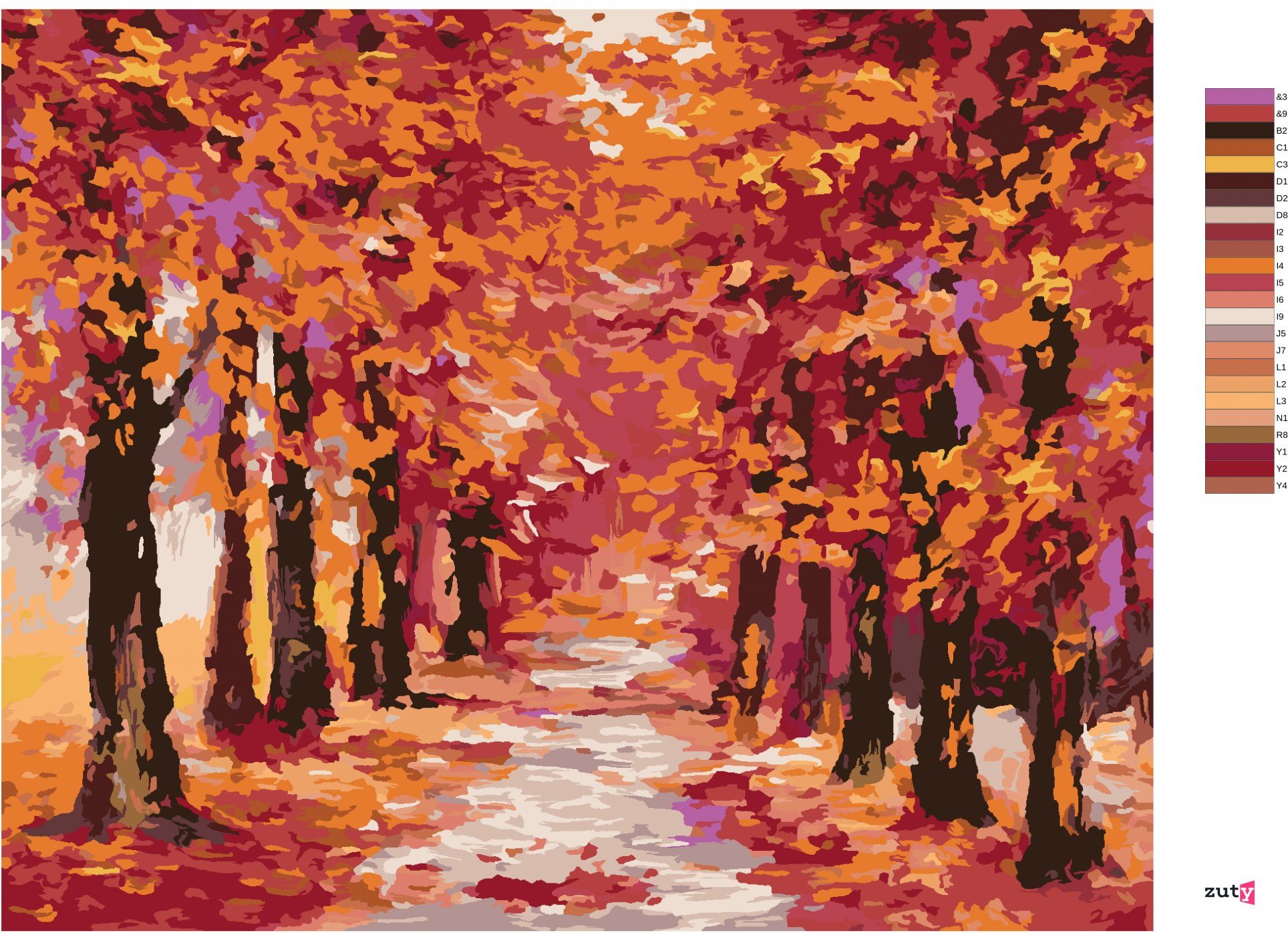 zuty Malování podle čísel - PODZIMNÍ LES ZBAREVNÝ DO ČERVENA - Rozměr: 40x50 cm, Rámování: Varianta: bez rámu a bez vypnutí plátna - obrázek 9