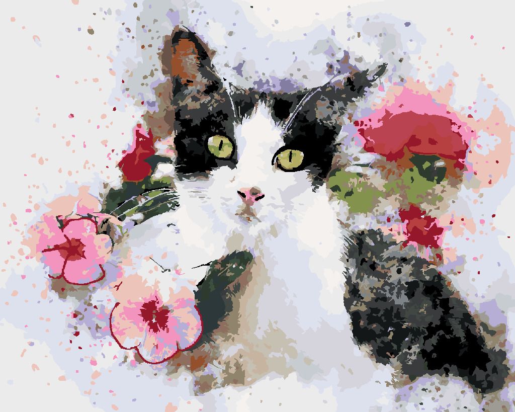 zuty Malování podle čísel - ČERNOBÍLÁ KOČKA A RŮŽOVÉ KVĚTINY - Rozměr: 40x50 cm, Rámování: Varianta: bez rámu a bez vypnutí plátna - obrázek 5