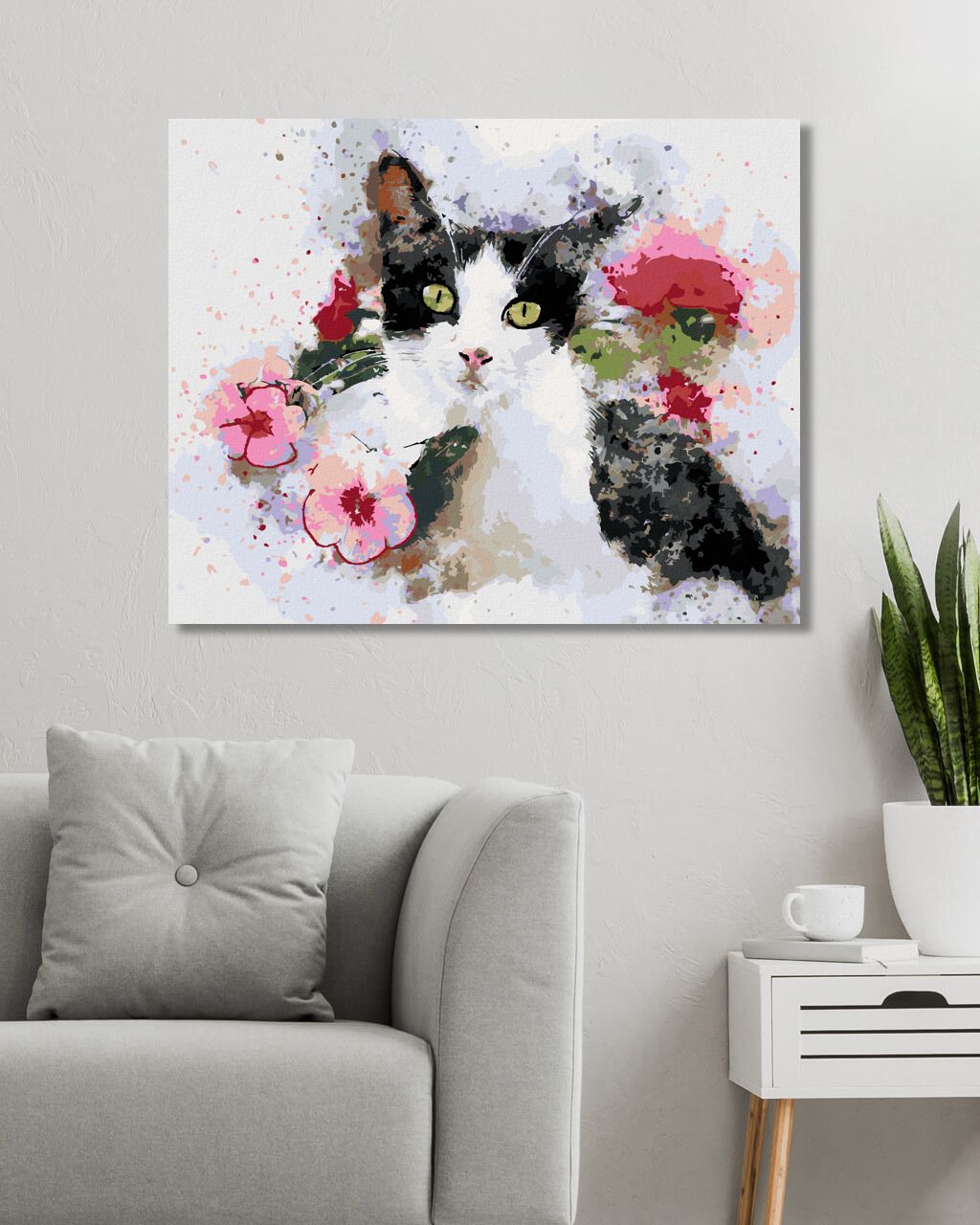 zuty Malování podle čísel - ČERNOBÍLÁ KOČKA A RŮŽOVÉ KVĚTINY - Rozměr: 40x50 cm, Rámování: Varianta: bez rámu a bez vypnutí plátna - obrázek 7
