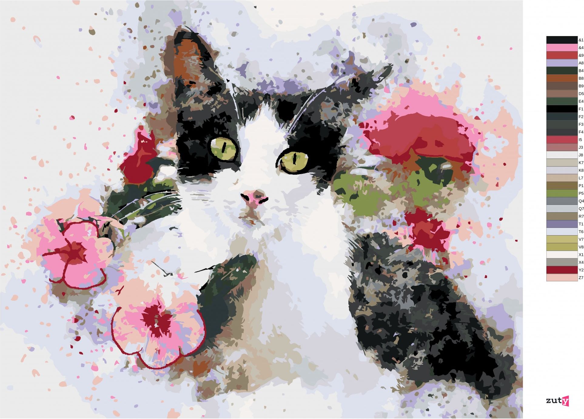 zuty Malování podle čísel - ČERNOBÍLÁ KOČKA A RŮŽOVÉ KVĚTINY - Rozměr: 40x50 cm, Rámování: Varianta: vypnuté plátno na rám - obrázek 4