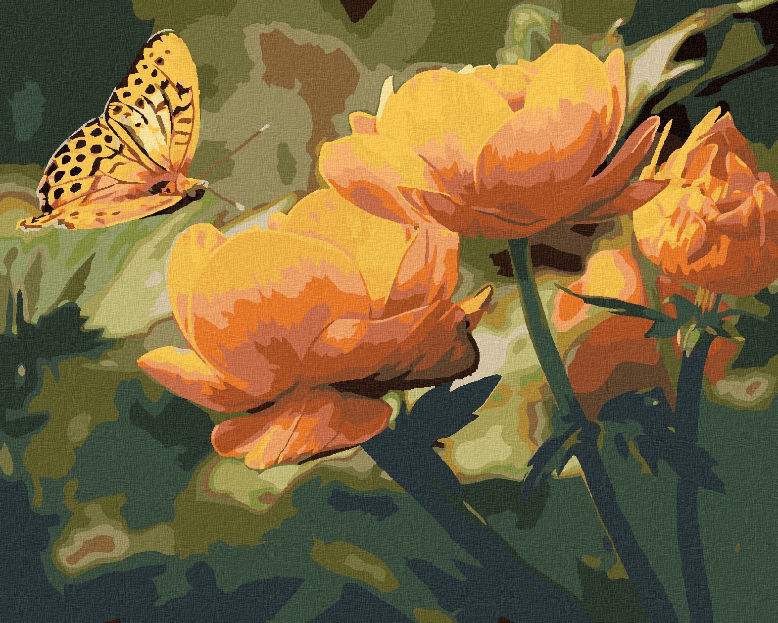 zuty Malování podle čísel - MOTÝL A ORANŽOVĚ KVĚTINY - Rozměr: 40x50 cm, Rámování: Varianta: bez rámu a bez vypnutí plátna - obrázek 1