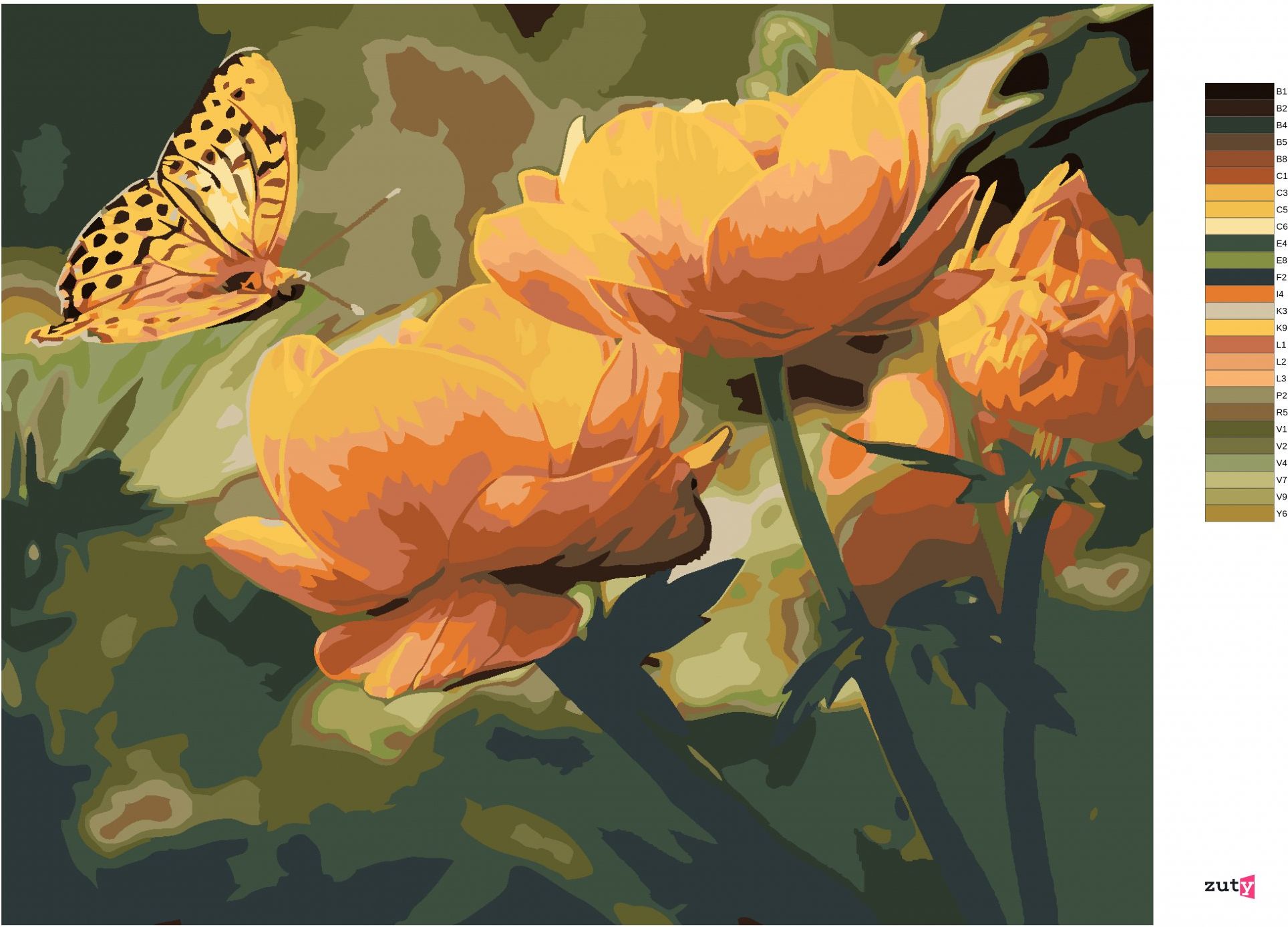 zuty Malování podle čísel - MOTÝL A ORANŽOVĚ KVĚTINY - Rozměr: 40x50 cm, Rámování: Varianta: bez rámu a bez vypnutí plátna - obrázek 5