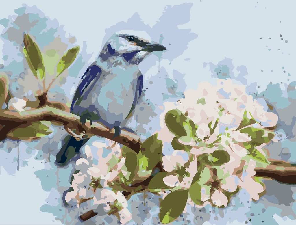 zuty Malování podle čísel - MODRÝ PTÁK NA ROZKVETLÉ TŘEŠNI - Rozměr: 40x50 cm, Rámování: Varianta: bez rámu a bez vypnutí plátna - obrázek 5