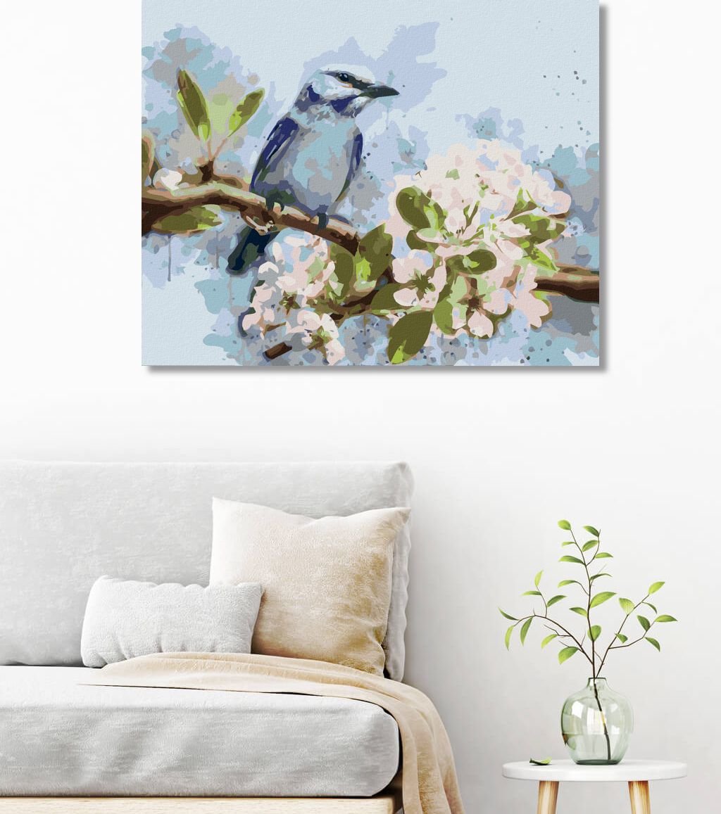 zuty Malování podle čísel - MODRÝ PTÁK NA ROZKVETLÉ TŘEŠNI - Rozměr: 40x50 cm, Rámování: Varianta: vypnuté plátno na rám - obrázek 3