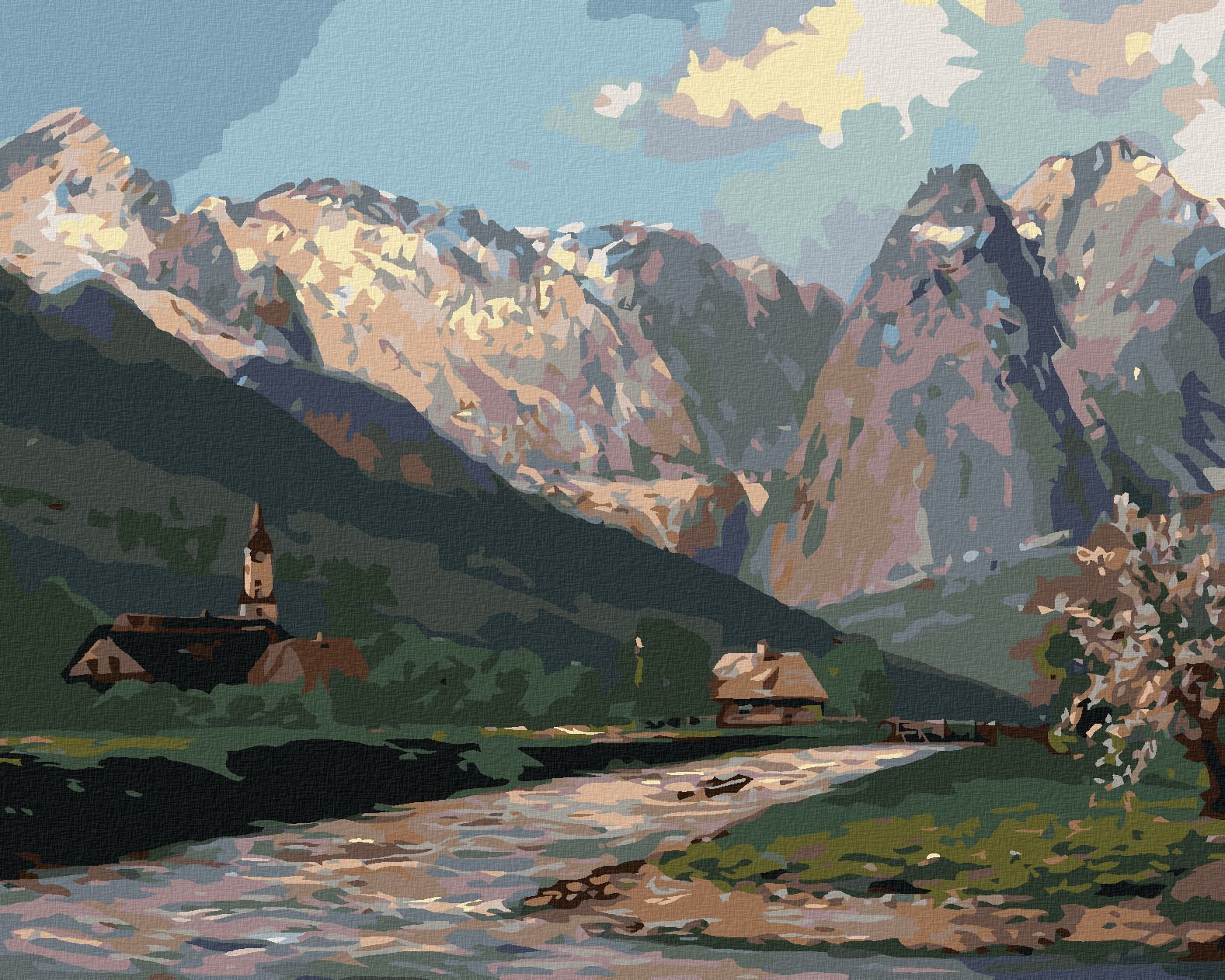 zuty Malování podle čísel - HORY A VESNICE NA VENKOVĚ - Rozměr: 40x50 cm, Rámování: Varianta: vypnuté plátno na rám - obrázek 1