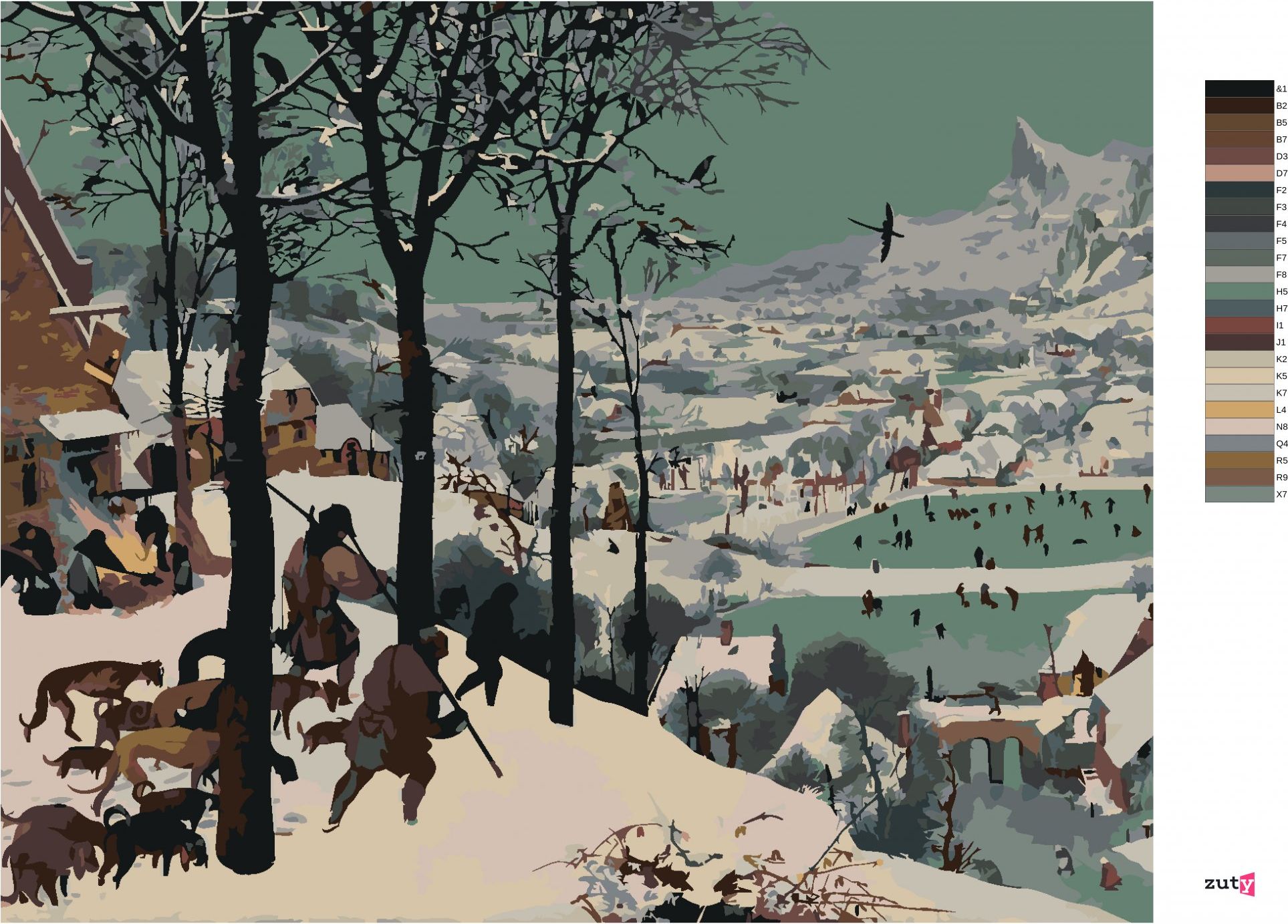 zuty Malování podle čísel - LOVCI VE SNĚHU (PIETER BRUEGEL) - Rozměr: 40x50 cm, Rámování: Varianta: bez rámu a bez vypnutí plátna - obrázek 2