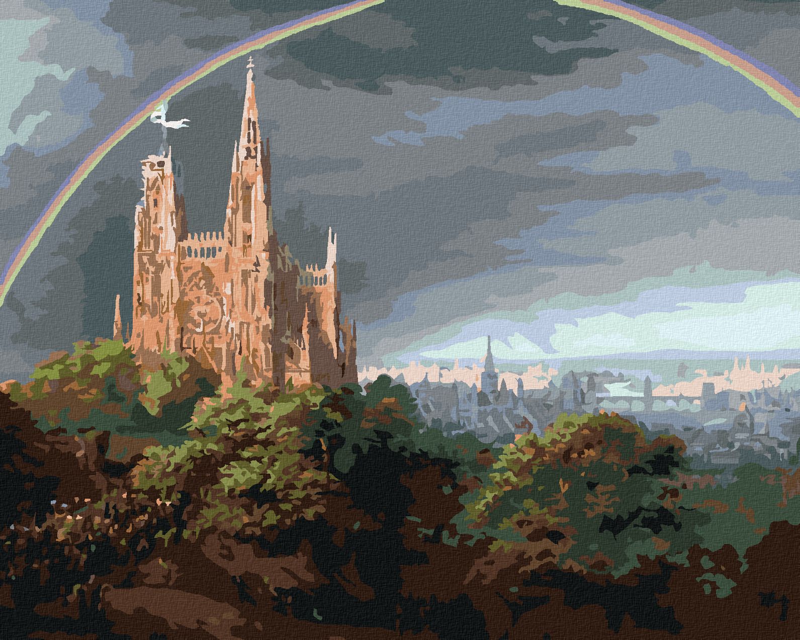zuty Malování podle čísel - STŘEDOVĚKÉ MĚSTO NA BŘEZÍCH ŘEKY (KARL FRIEDRICH SCHINKEL) - Rozměr: 40x50 cm, Rámování: Varianta: bez rámu a bez vypnutí plátna - obrázek 1