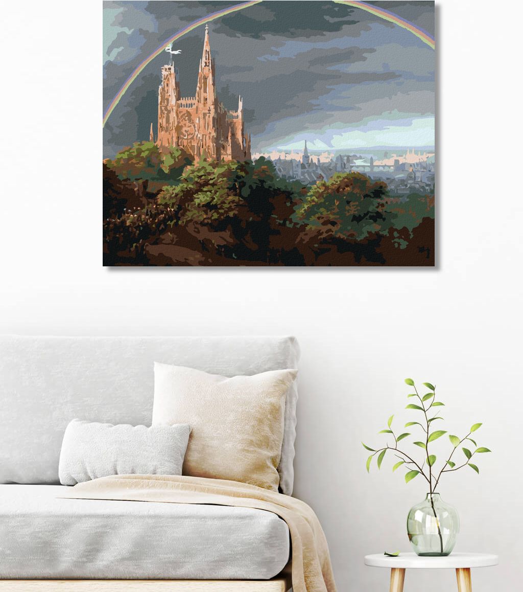 zuty Malování podle čísel - STŘEDOVĚKÉ MĚSTO NA BŘEZÍCH ŘEKY (KARL FRIEDRICH SCHINKEL) - Rozměr: 40x50 cm, Rámování: Varianta: bez rámu a bez vypnutí plátna - obrázek 2