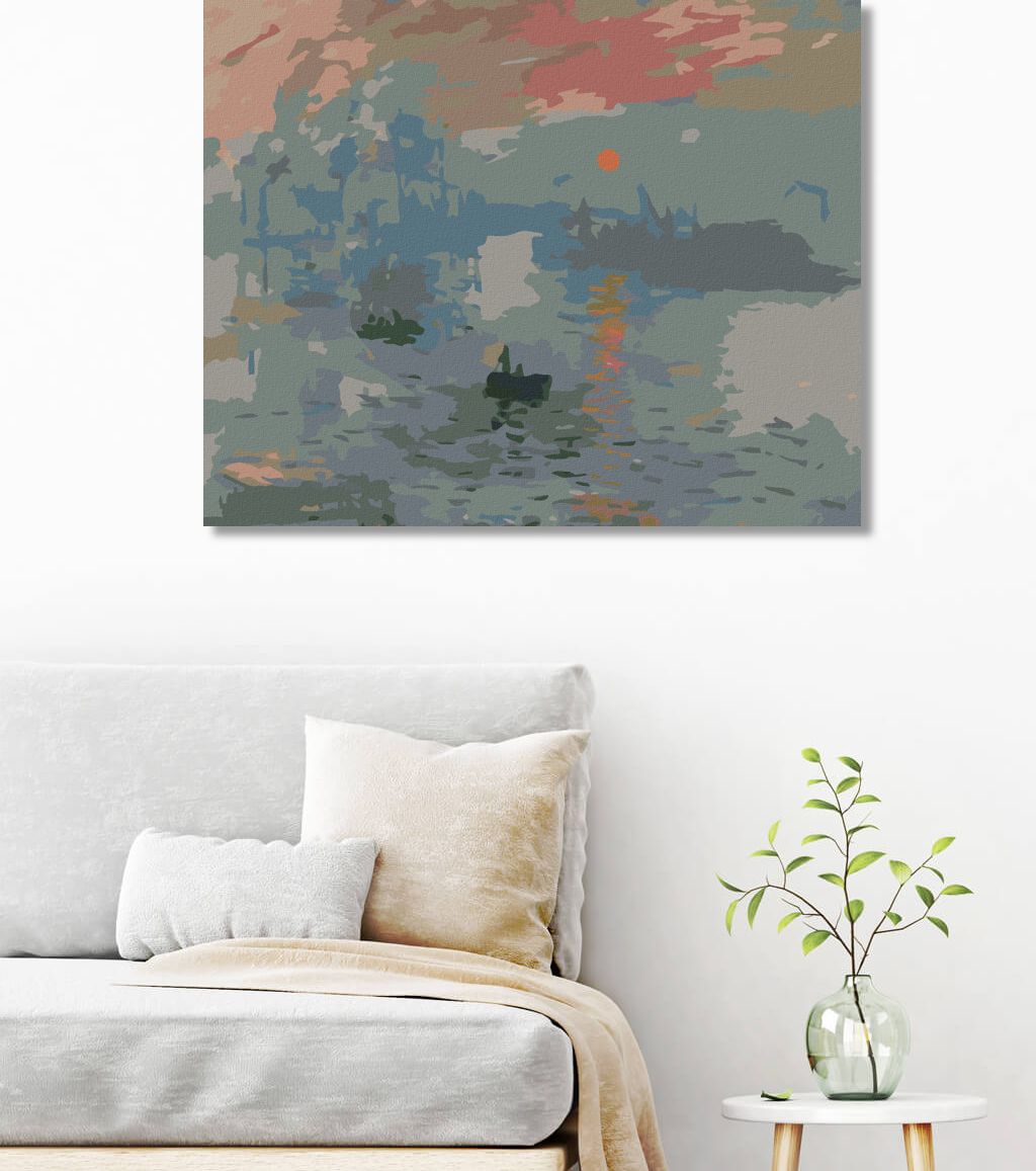zuty Malování podle čísel - DOJEM, VÝCHOD SLUNCE (CLAUDE MONET) - Rozměr: 40x50 cm, Rámování: Varianta: vypnuté plátno na rám - obrázek 7