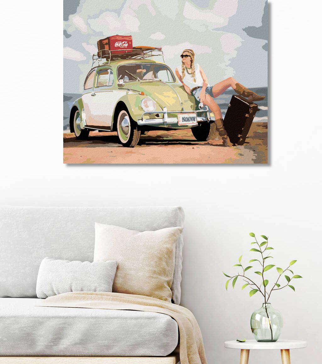 zuty Malování podle čísel - ZELENÉ AUTO BROUK A ŽENA S KUFREM - Rozměr: 40x50 cm, Rámování: Varianta: vypnuté plátno na rám - obrázek 4