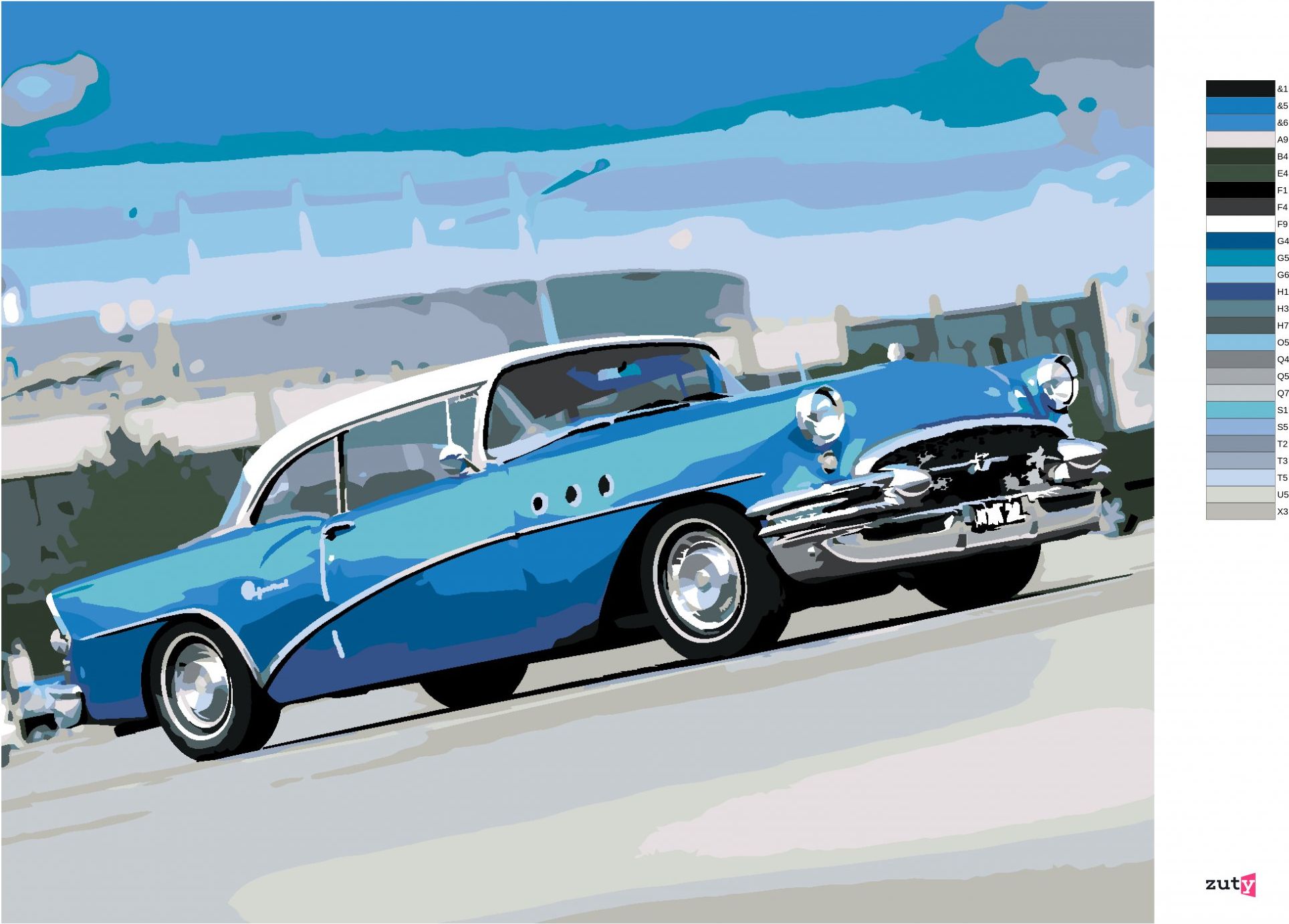 zuty Malování podle čísel - STARŠÍ MODRÉ AUTO - Rozměr: 40x50 cm, Rámování: Varianta: bez rámu a bez vypnutí plátna - obrázek 4