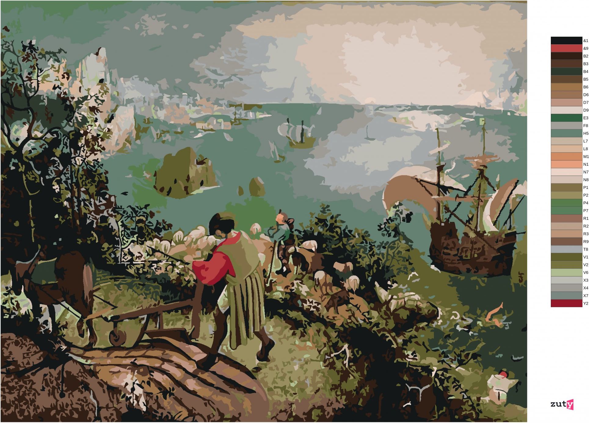 zuty Malování podle čísel - PÁD IKARŮV (PIETER BRUEGEL) - Rozměr: 40x50 cm, Rámování: Varianta: vypnuté plátno na rám - obrázek 3