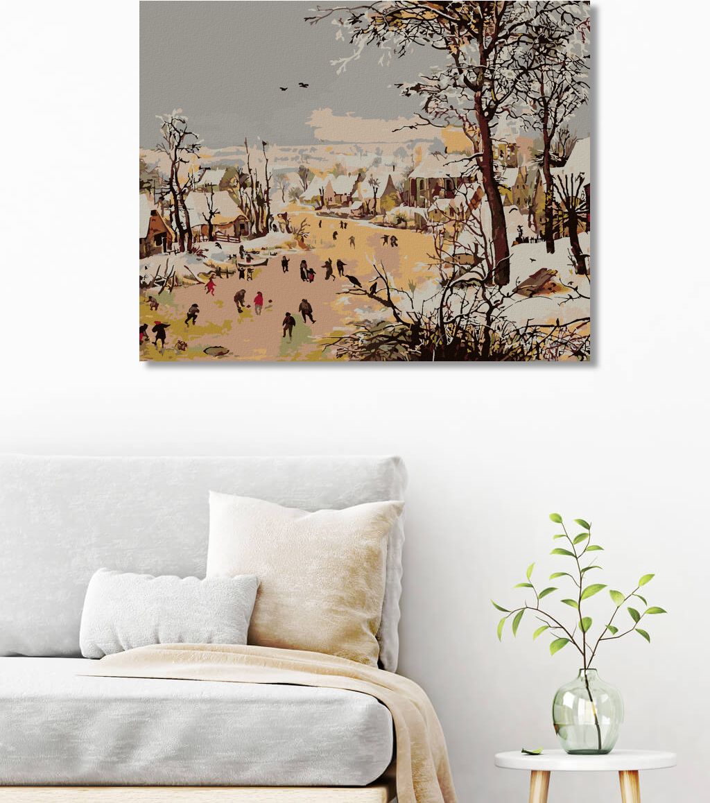 zuty Malování podle čísel - ZIMNÍ KRAJINA S PASTÍ NA PTÁKY (PIETER BRUEGEL) - Rozměr: 40x50 cm, Rámování: Varianta: vypnuté plátno na rám - obrázek 2