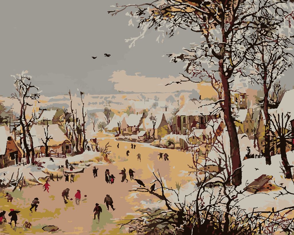 zuty Malování podle čísel - ZIMNÍ KRAJINA S PASTÍ NA PTÁKY (PIETER BRUEGEL) - Rozměr: 40x50 cm, Rámování: Varianta: vypnuté plátno na rám - obrázek 3