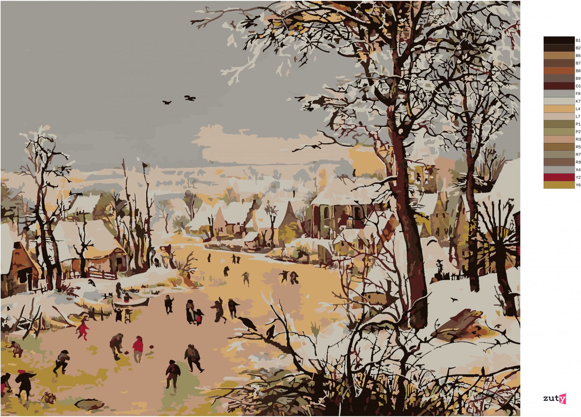 zuty Malování podle čísel - ZIMNÍ KRAJINA S PASTÍ NA PTÁKY (PIETER BRUEGEL) - Rozměr: 40x50 cm, Rámování: Varianta: vypnuté plátno na rám - obrázek 5