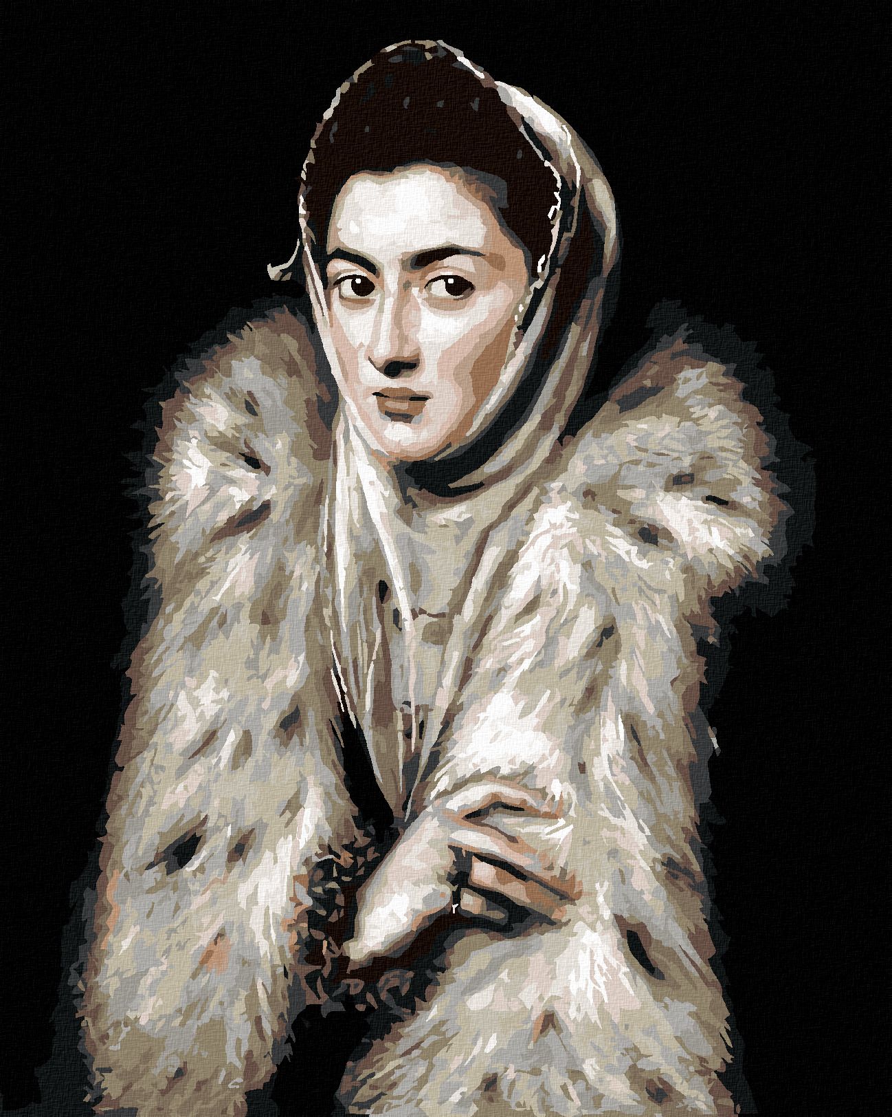 zuty Malování podle čísel - DÁMA S KOŽEŠINOVÝM LÍMCEM (EL GRECO) - Rozměr: 40x50 cm, Rámování: Varianta: bez rámu a bez vypnutí plátna - obrázek 1