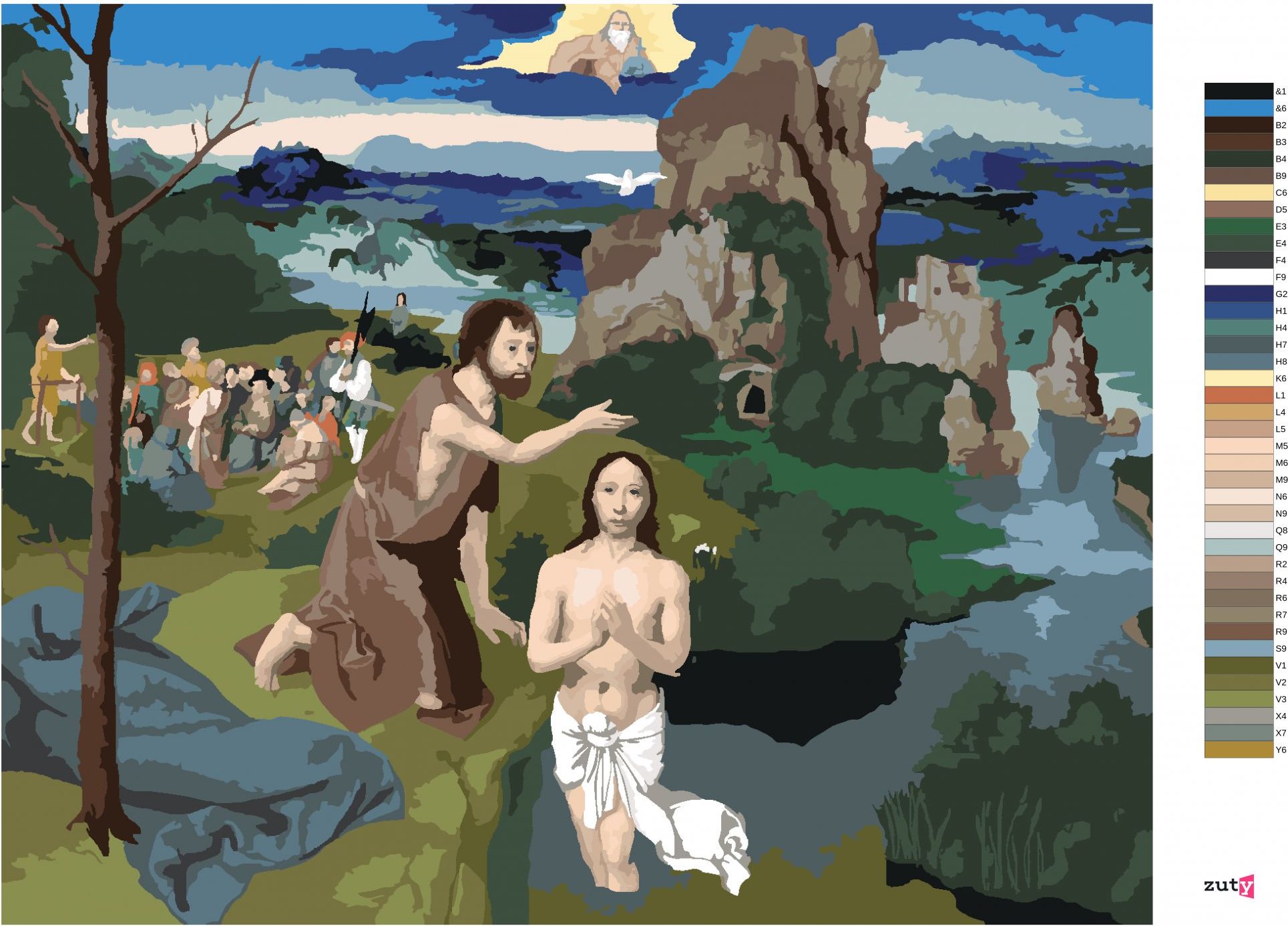 zuty Malování podle čísel - KRISTŮV KŘEST (JOACHIM PATINIR) - Rozměr: 40x50 cm, Rámování: Varianta: bez rámu a bez vypnutí plátna - obrázek 4