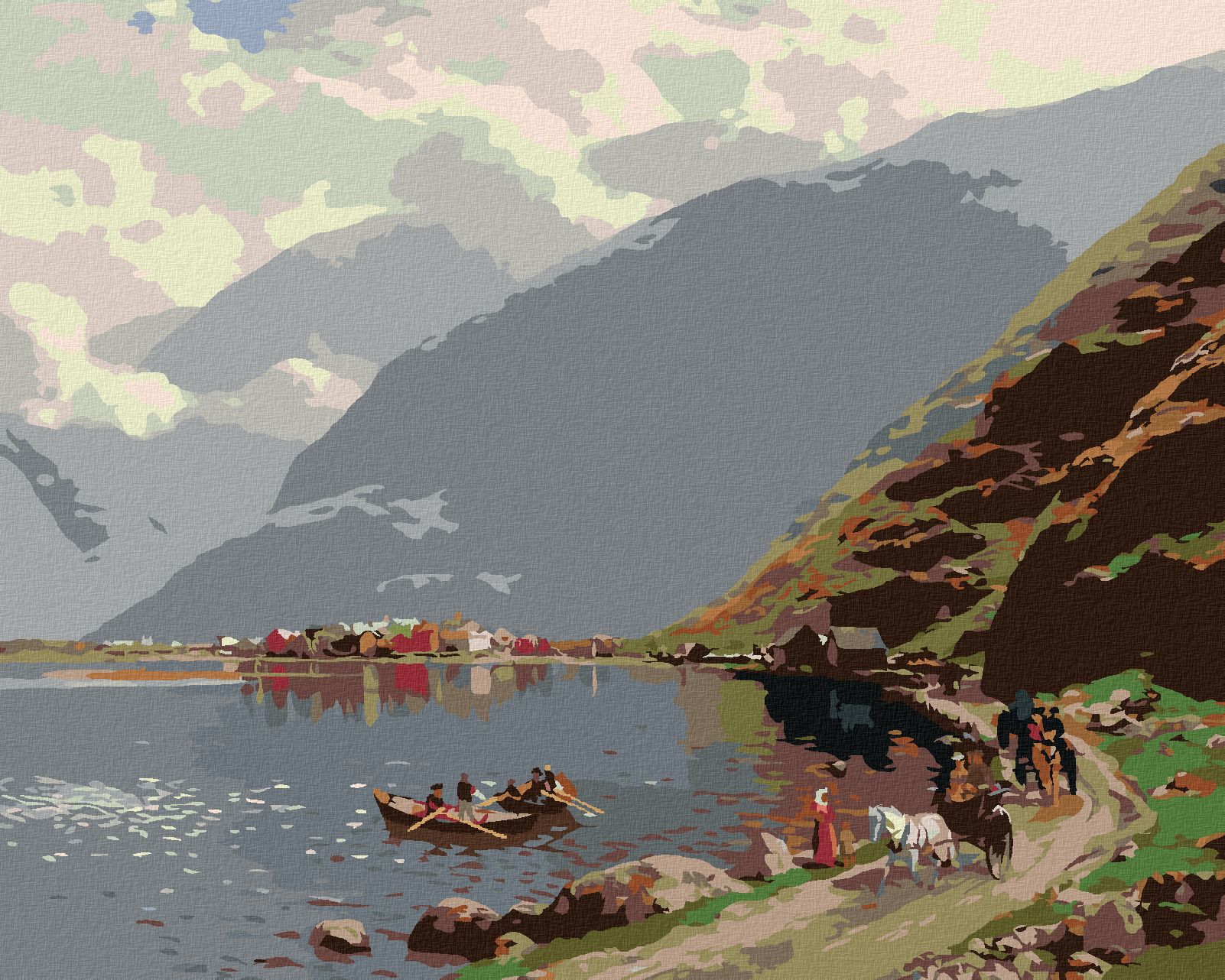 zuty Malování podle čísel - POHLED NA LÆRDALSØYRI (THEMISTOKLES VON ECKENBRECHER) - Rozměr: 40x50 cm, Rámování: Varianta: vypnuté plátno na rám - obrázek 1