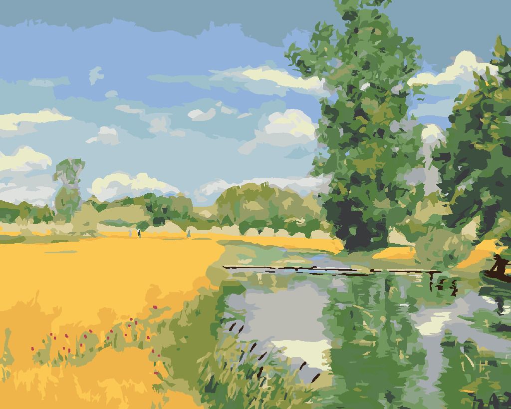 zuty Malování podle čísel - ŘEKA PROTÉKAJÍCÍ KRAJINOU V DOBĚ SKLIZNĚ (H. A. BRENDEKILDE) - Rozměr: 40x50 cm, Rámování: Varianta: vypnuté plátno na rám - obrázek 3