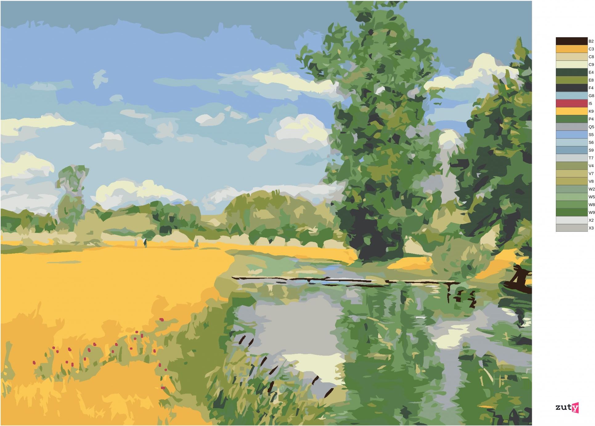 zuty Malování podle čísel - ŘEKA PROTÉKAJÍCÍ KRAJINOU V DOBĚ SKLIZNĚ (H. A. BRENDEKILDE) - Rozměr: 40x50 cm, Rámování: Varianta: vypnuté plátno na rám - obrázek 8