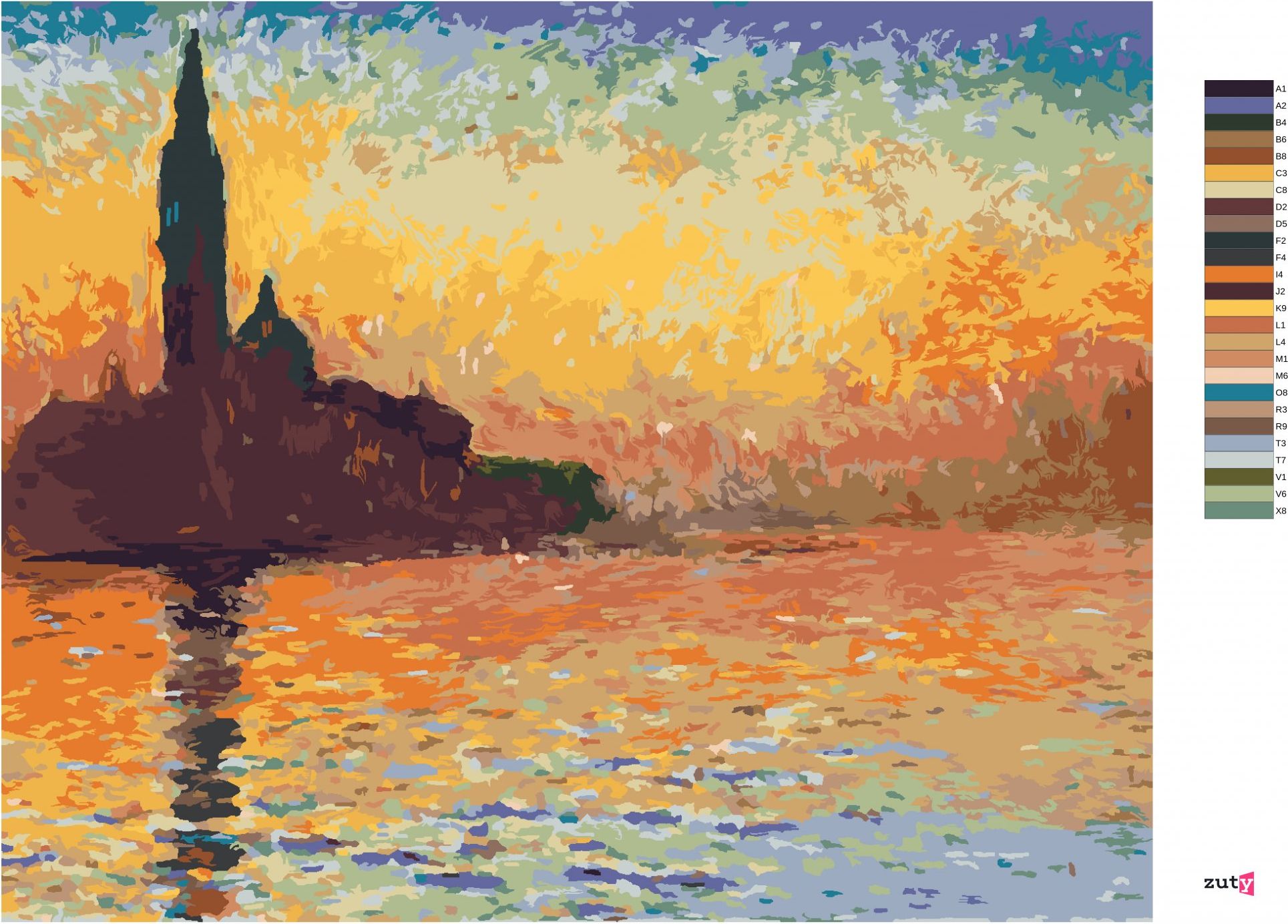 zuty Malování podle čísel - SAN GIORGIO MAGGIORE ZA SOUMRAKU (CLAUDE MONET) - Rozměr: 40x50 cm, Rámování: Varianta: bez rámu a bez vypnutí plátna - obrázek 2