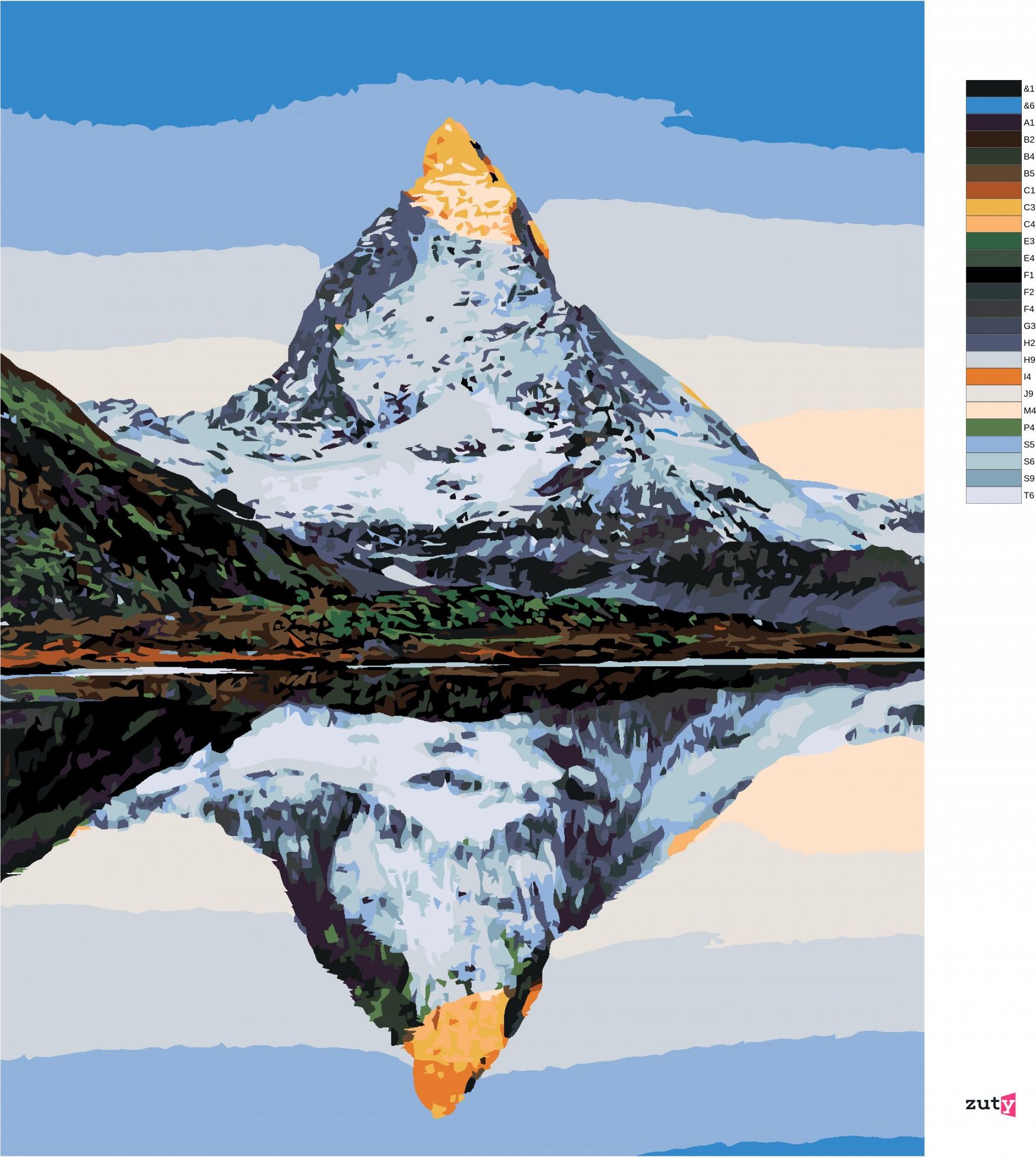 zuty Malování podle čísel - HORA MATTERHORN A JEJÍ ODRAZ V JEZEŘE - Rozměr: 40x50 cm, Rámování: Varianta: bez rámu a bez vypnutí plátna - obrázek 3