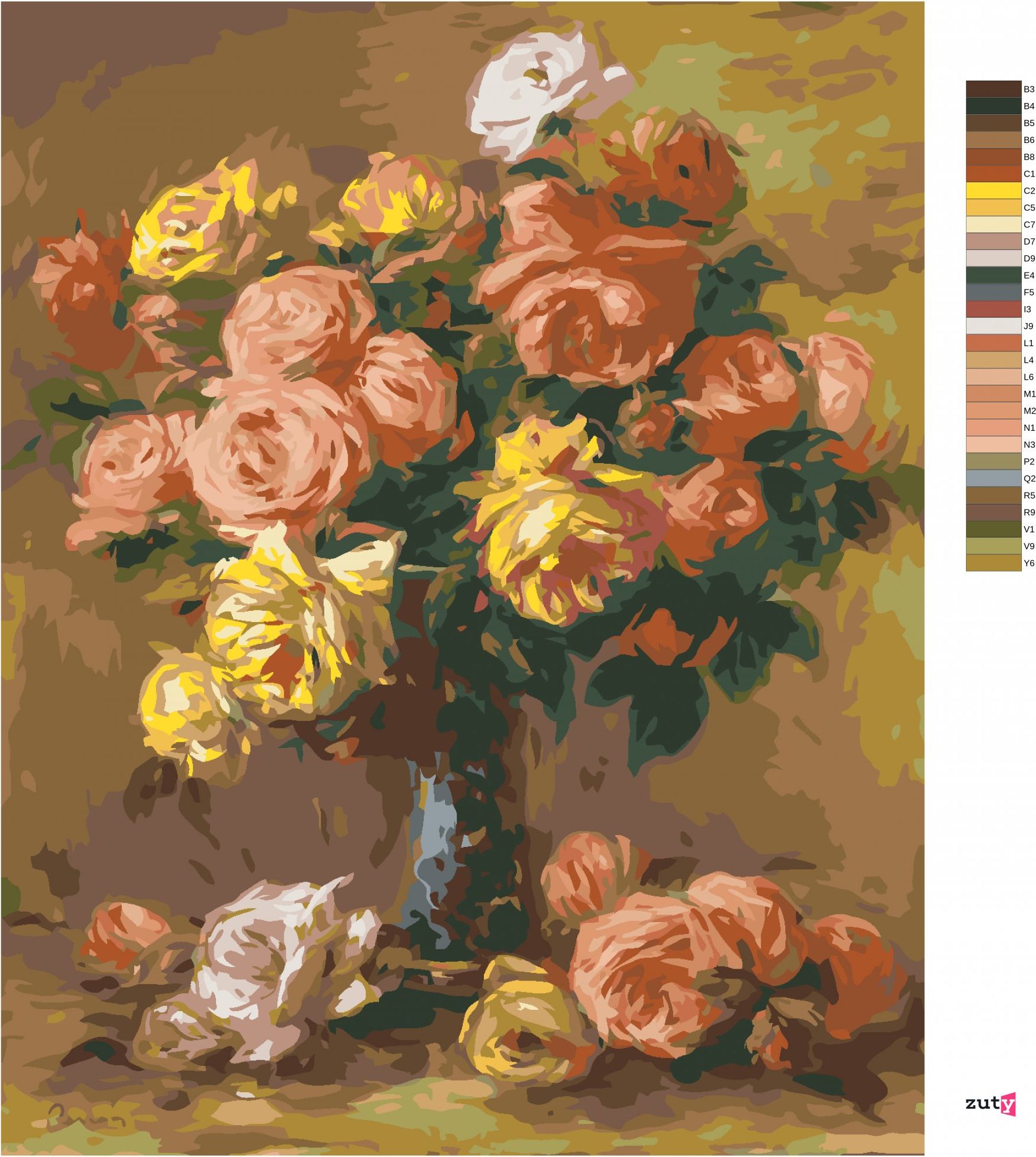 zuty Malování podle čísel - RŮŽE VE VÁZE (PIERRE-AUGUSTE RENOIR) - Rozměr: 40x50 cm, Rámování: Varianta: bez rámu a bez vypnutí plátna - obrázek 7