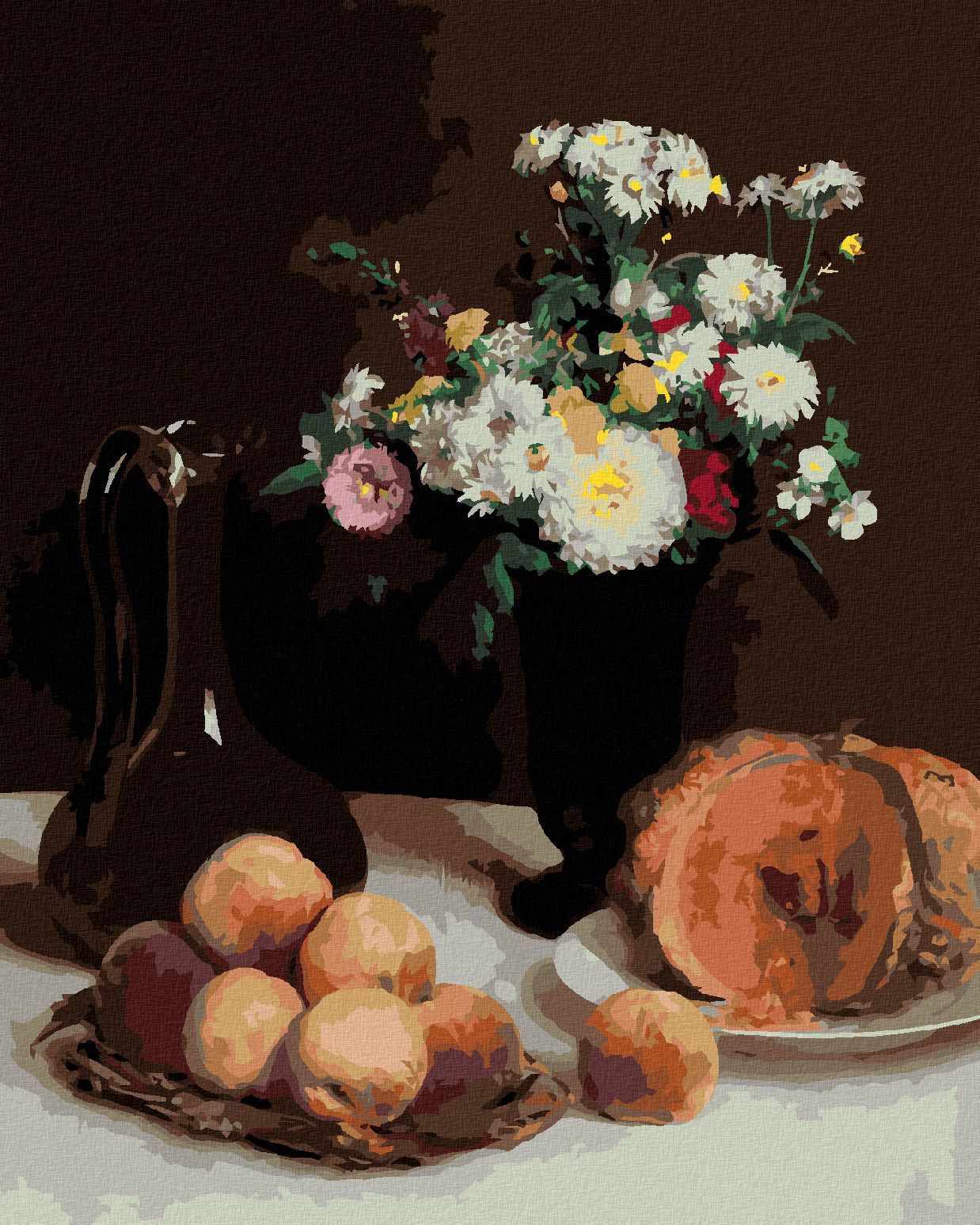zuty Malování podle čísel - ZÁTIŠÍ S KARAFOU, KVĚTINAMI A OVOCEM (HENRI FANTIN-LATOUR) - Rozměr: 40x50 cm, Rámování: Varianta: vypnuté plátno na rám - obrázek 1
