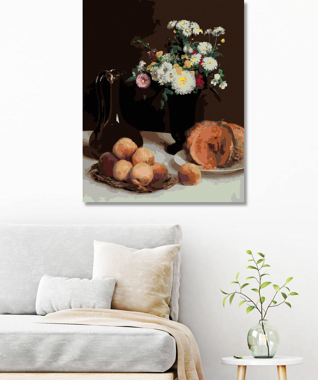 zuty Malování podle čísel - ZÁTIŠÍ S KARAFOU, KVĚTINAMI A OVOCEM (HENRI FANTIN-LATOUR) - Rozměr: 40x50 cm, Rámování: Varianta: vypnuté plátno na rám - obrázek 2